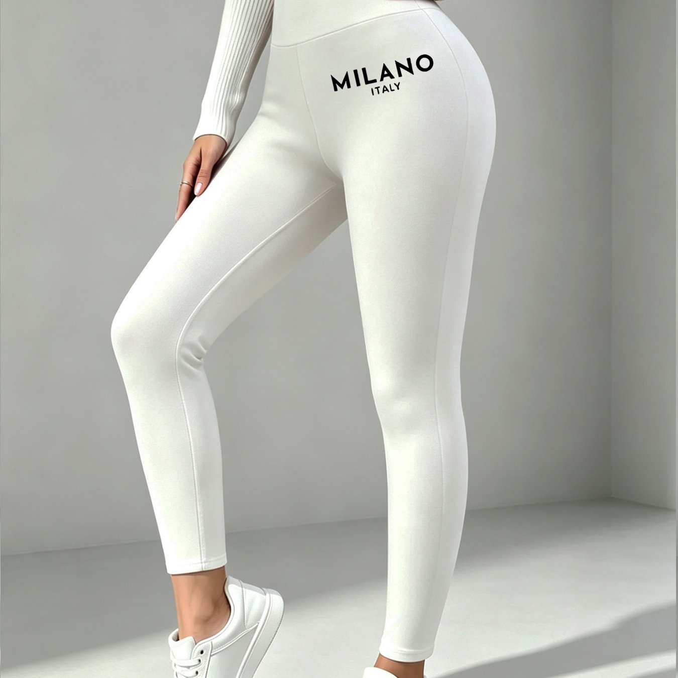TEMU Solid Color High-waist Stretchy Leggings For Women, Italian Letter Print, European And Style Skinny Pants