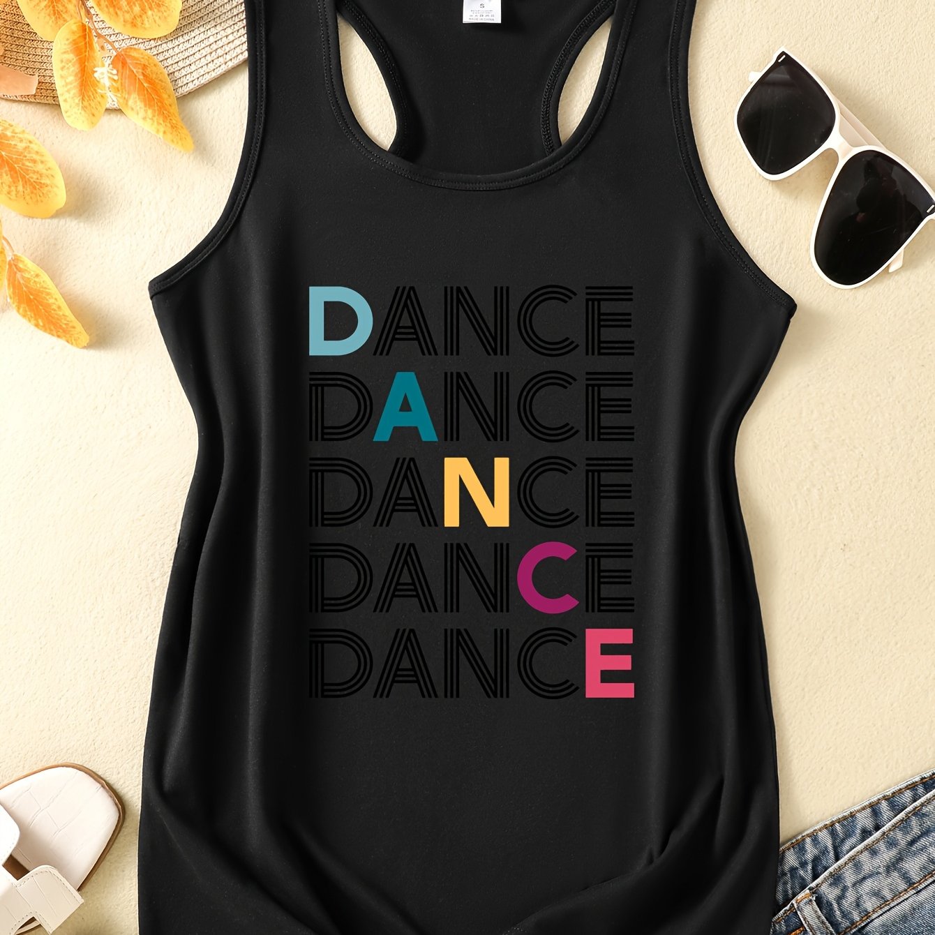 TEMU Women's Y2k Dance Graphic Tank Top - Colorful Geometric Print Breathable Sleeveless Yoga Fitness Running Shirt, High-stretch Round Neck Summer