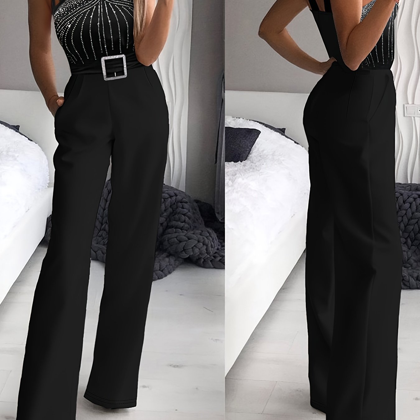 Black Hot Drilling Sexy Strappy Sleeveless Waist-cinching Jumpsuit