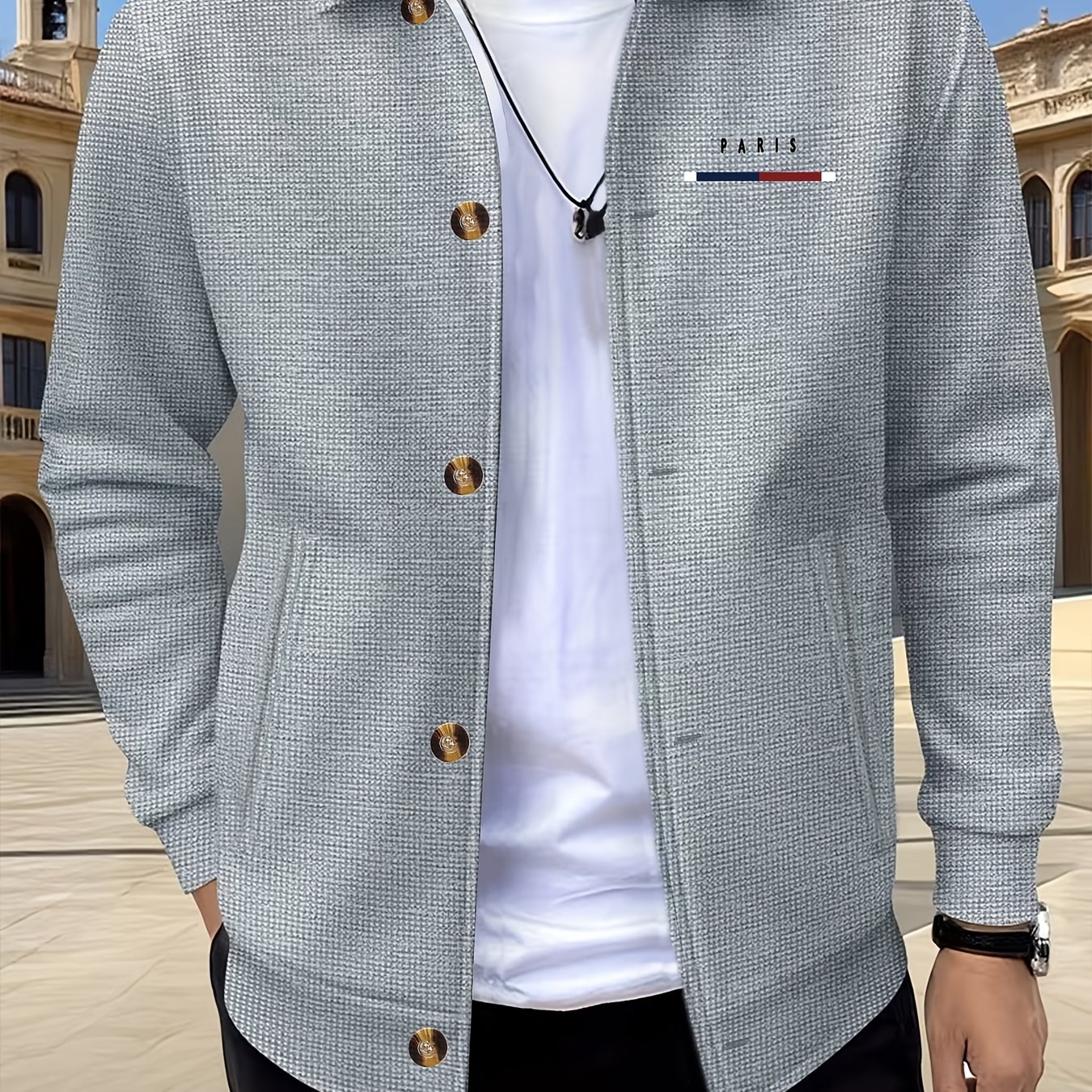 TEMU Obm 2026 Spring/fall New Lapel Jacket, Trendy Men's Fashion Item, Button- Simple Waffle Knit Outerwear, High-end Light Luxury Smart Casual