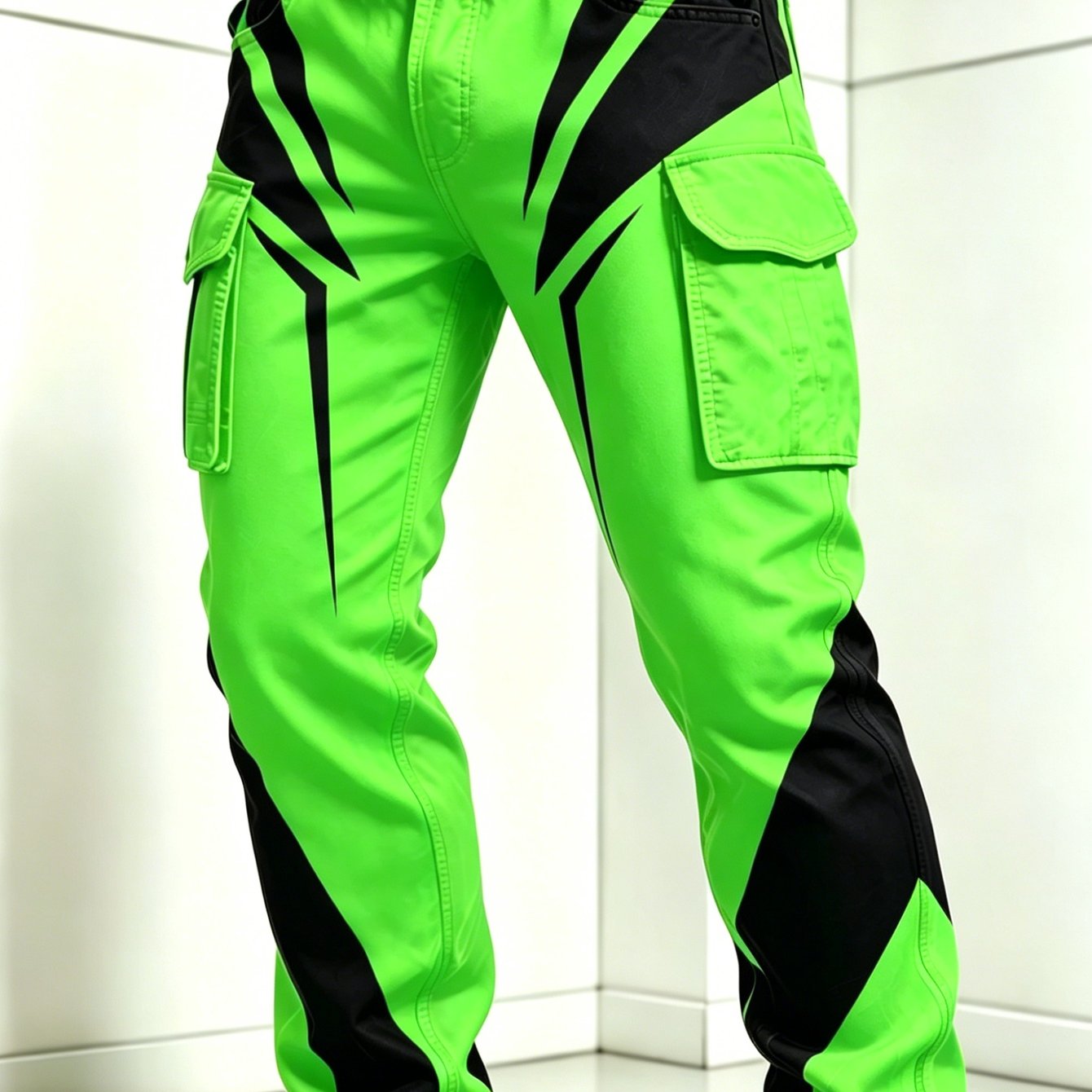Image of Men's Trendy Fluorescent Green Contrasting Printing Tooling Trousers, Multi-pocket Straight Casual Pants, Daily Street Wear