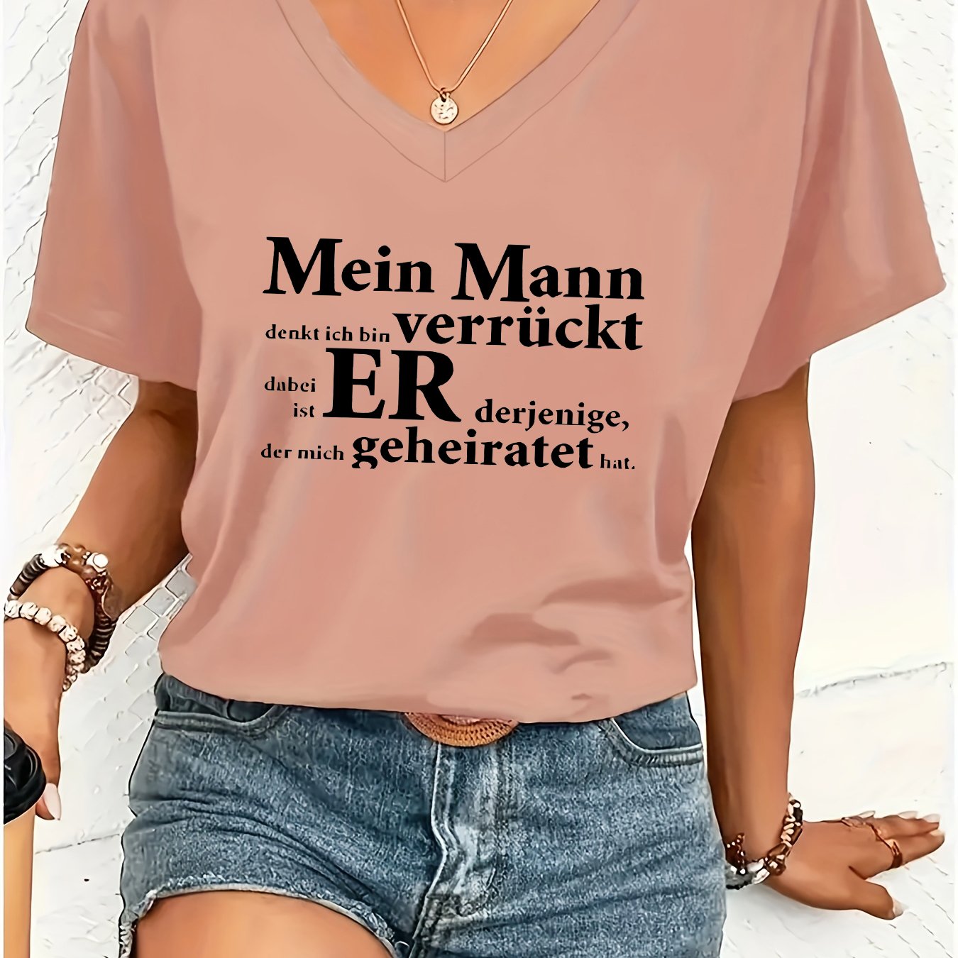 TEMU 1pc Fashion Women's V-neck Short-sleeve T-shirt, Polyester, Series, , Creative, Simple, Humorous Short Text "geheiratet" Graphic Print