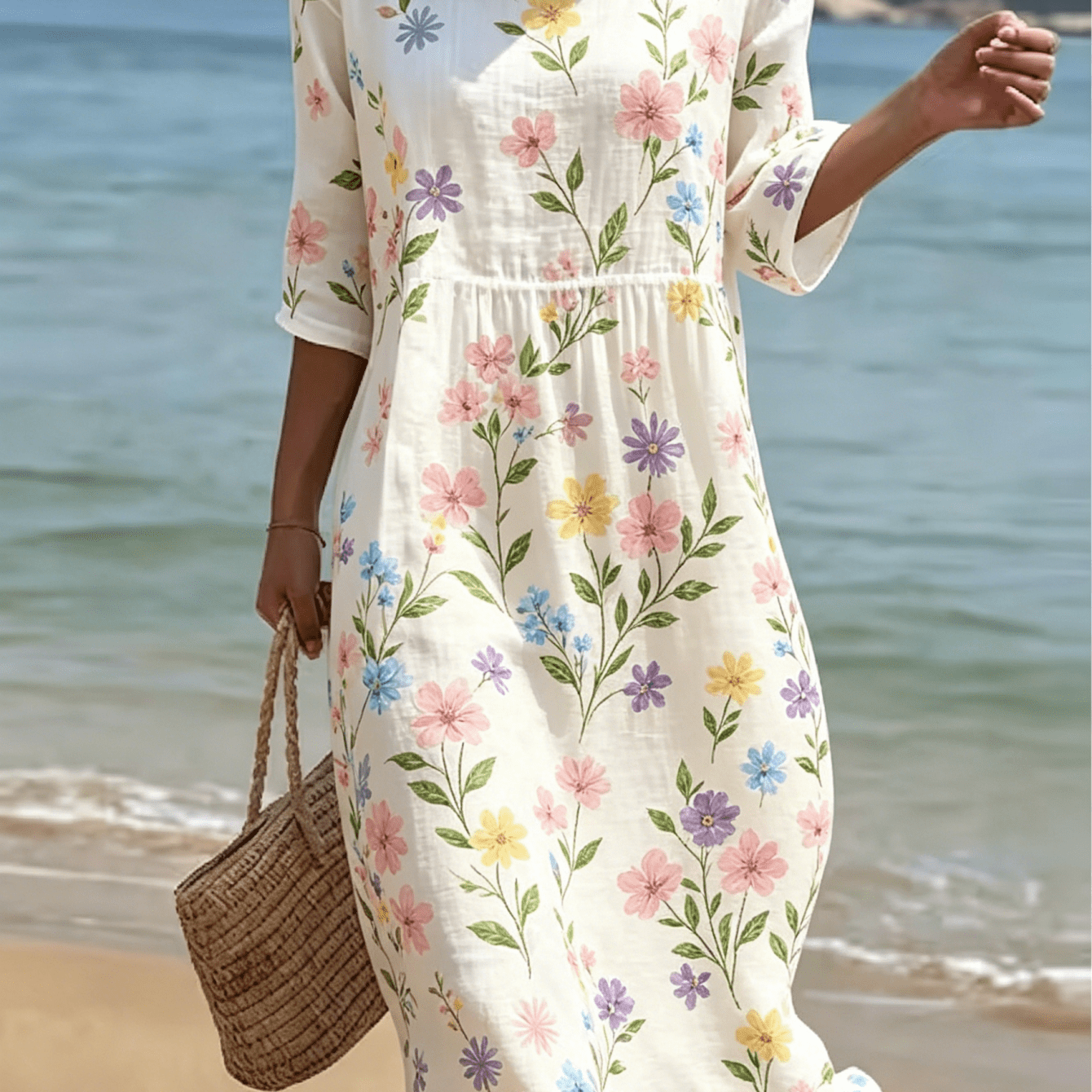 Image of Women's Pastel Multicolor Floral Print Midi Dress, Casual Crew Neck 3/4 Sleeve Polyester Fiber Fabric Dress, Pink/yellow/blue/purple Ditsy Flower Print, Loose Fit Boho Dress For Beach & Daily Wear