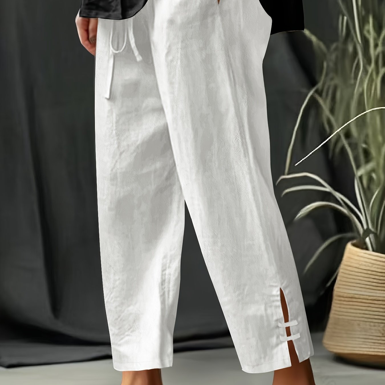 TEMU Plus Size, Extended New Style -size Textured Elastic Waist Drawstring Hem Slit Elegant Style Tapered Pants