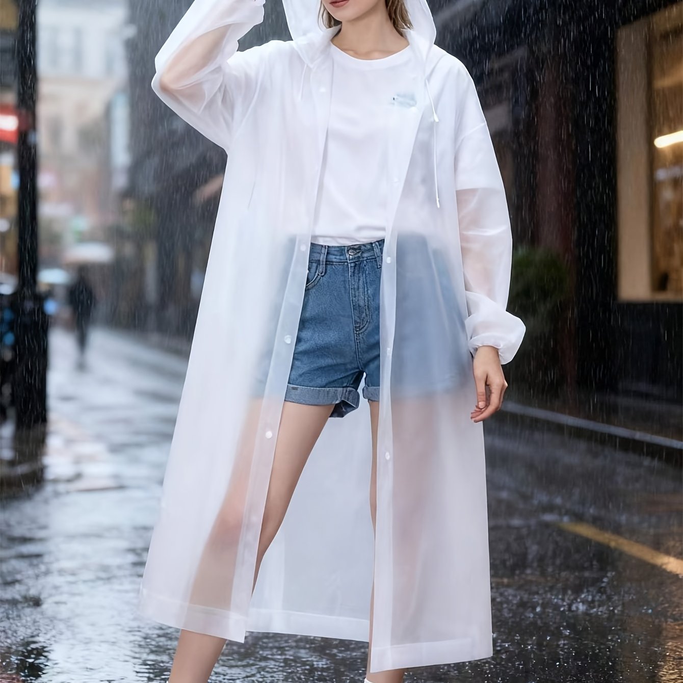 E-shop Weißer, verdickter, transparenter EVA-Ganzkörper-Regenmantel mit Kapuze, tragbarer Outdoor-Regenmantel, langärmliger Jumpsuit, Regenmantel,