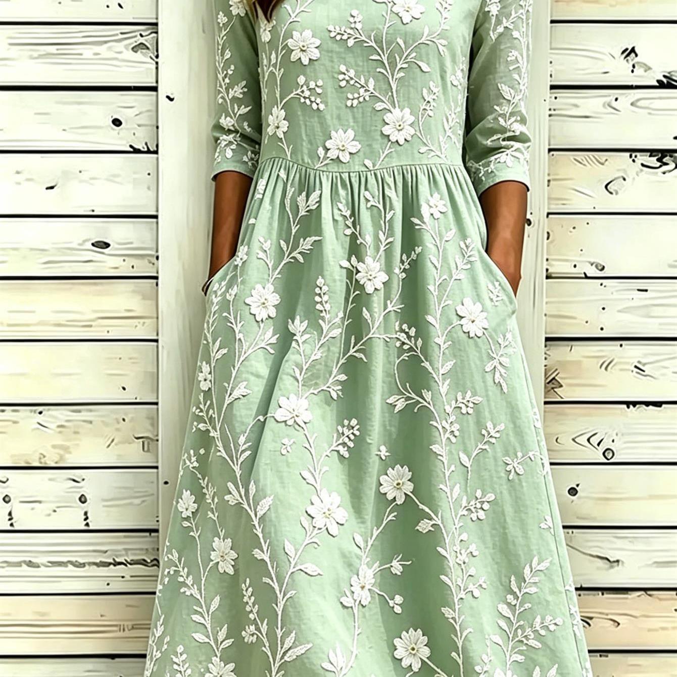 Plus Size, Plus-size Women's Clothing, This Midi Dress For Women Features Side Pockets And Green Floral Print, Making It Suitable For Any Occasion