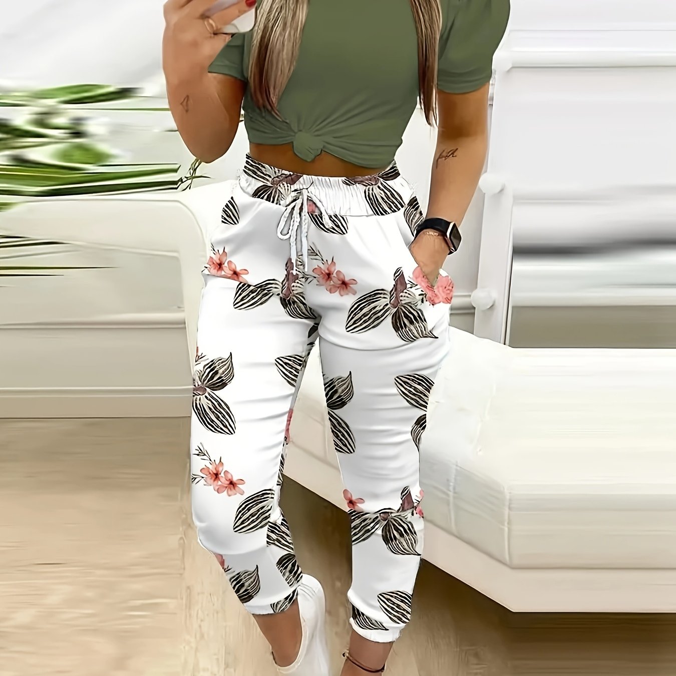 Casual Fashion Drawstring Adjustable Double-pocket Printed Two-piece Set