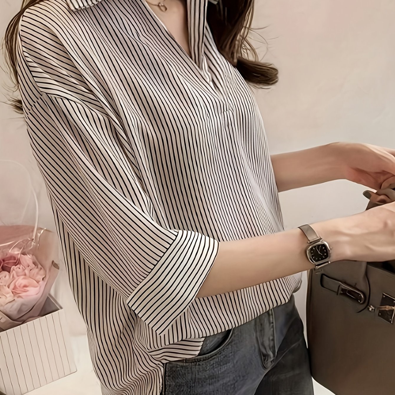 TEMU Women's Casual Top, Striped Shirt, Women's Blouse, Button-up Shirt, Women's Fashion (ns702)