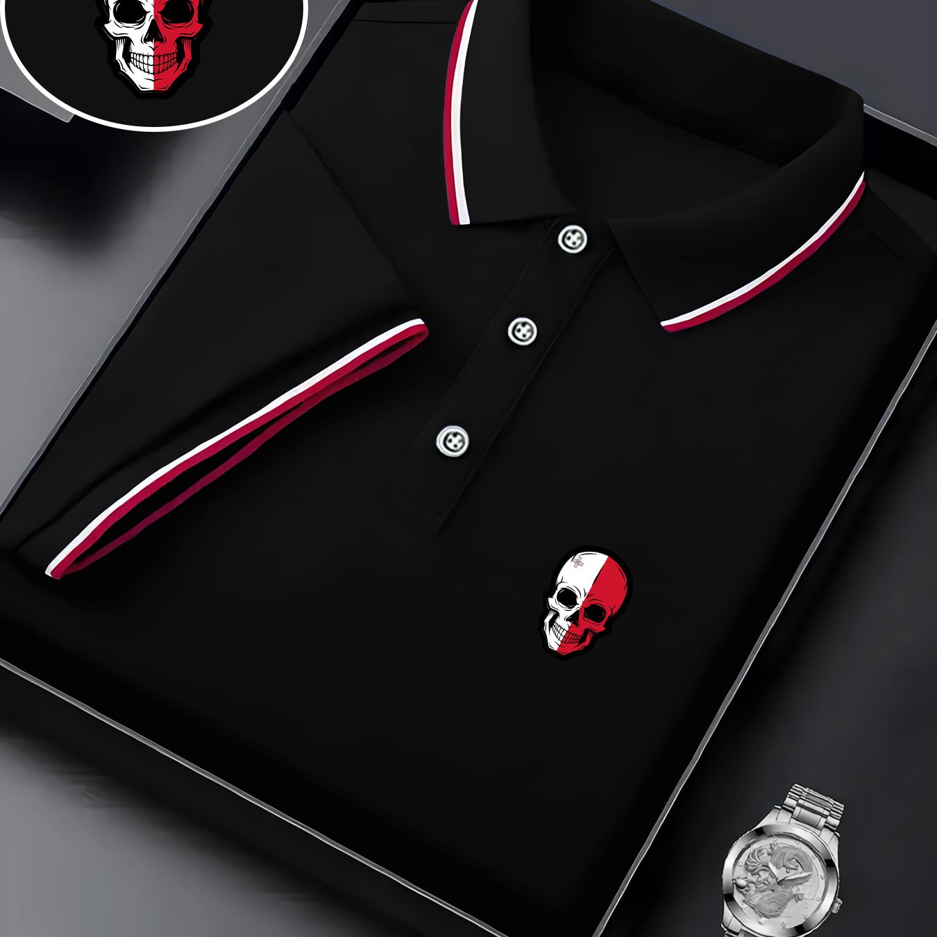 E-shop Herren-Polohemd mit Totenkopf-Print Revers, vielseitiges Sommer-Poloshirt für Business Freizeit