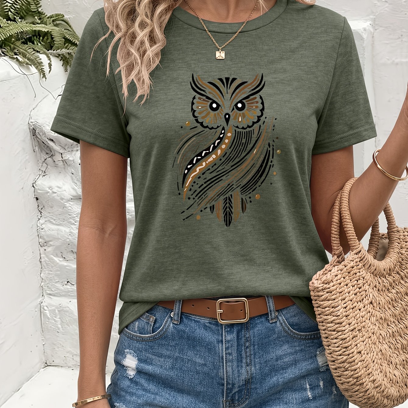 TEMU Artistic Owl Pattern Print Crewneck Colored T-shirt, Soft And Comfortable, Summer Fashionable Crewneck T-shirt, Casual Swear, Everyday Essential
