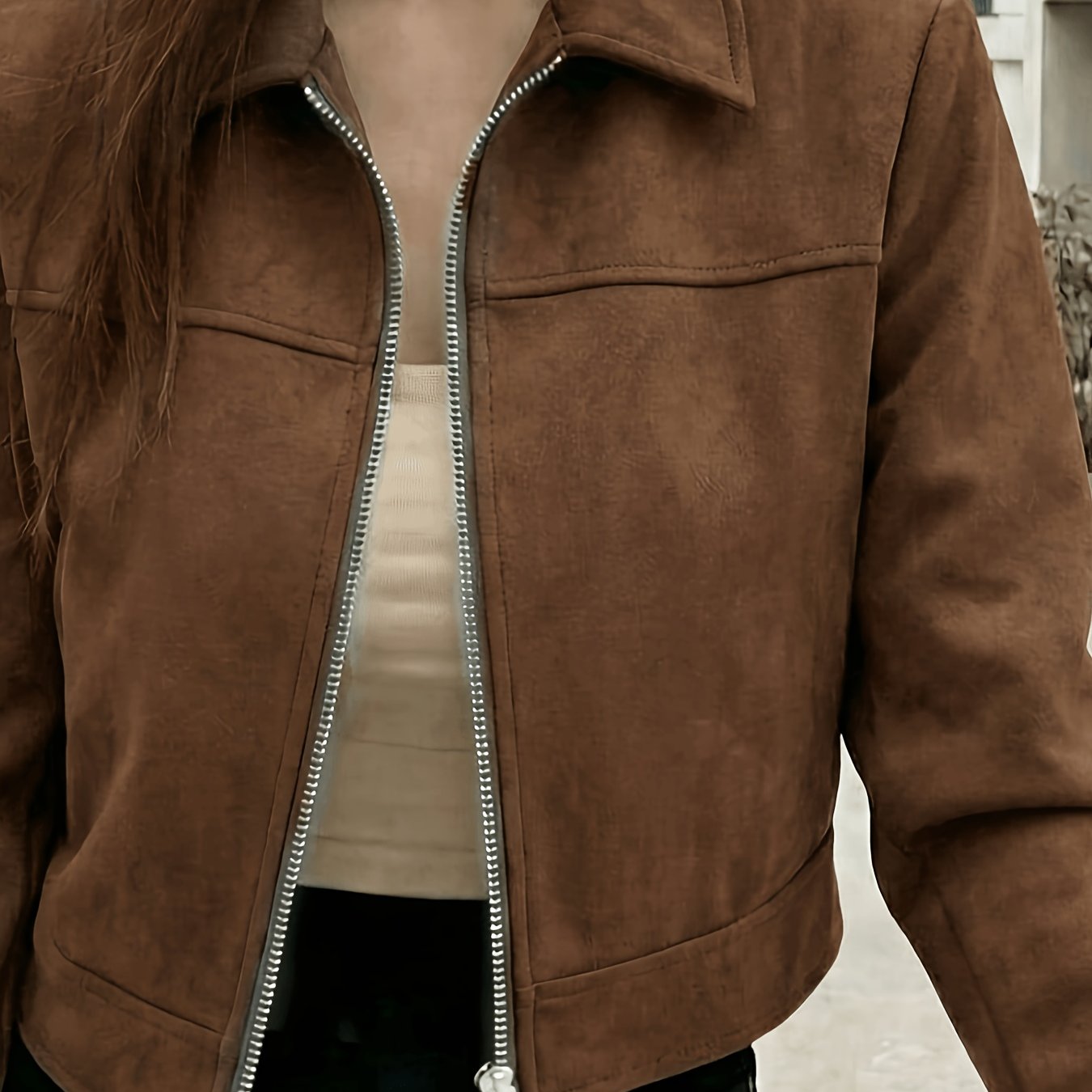 TEMU Veste zippée à revers de couleur unie pour femme, pour printemps/été ou automne/hiver, adaptée aux tenues décontractées de style académique à