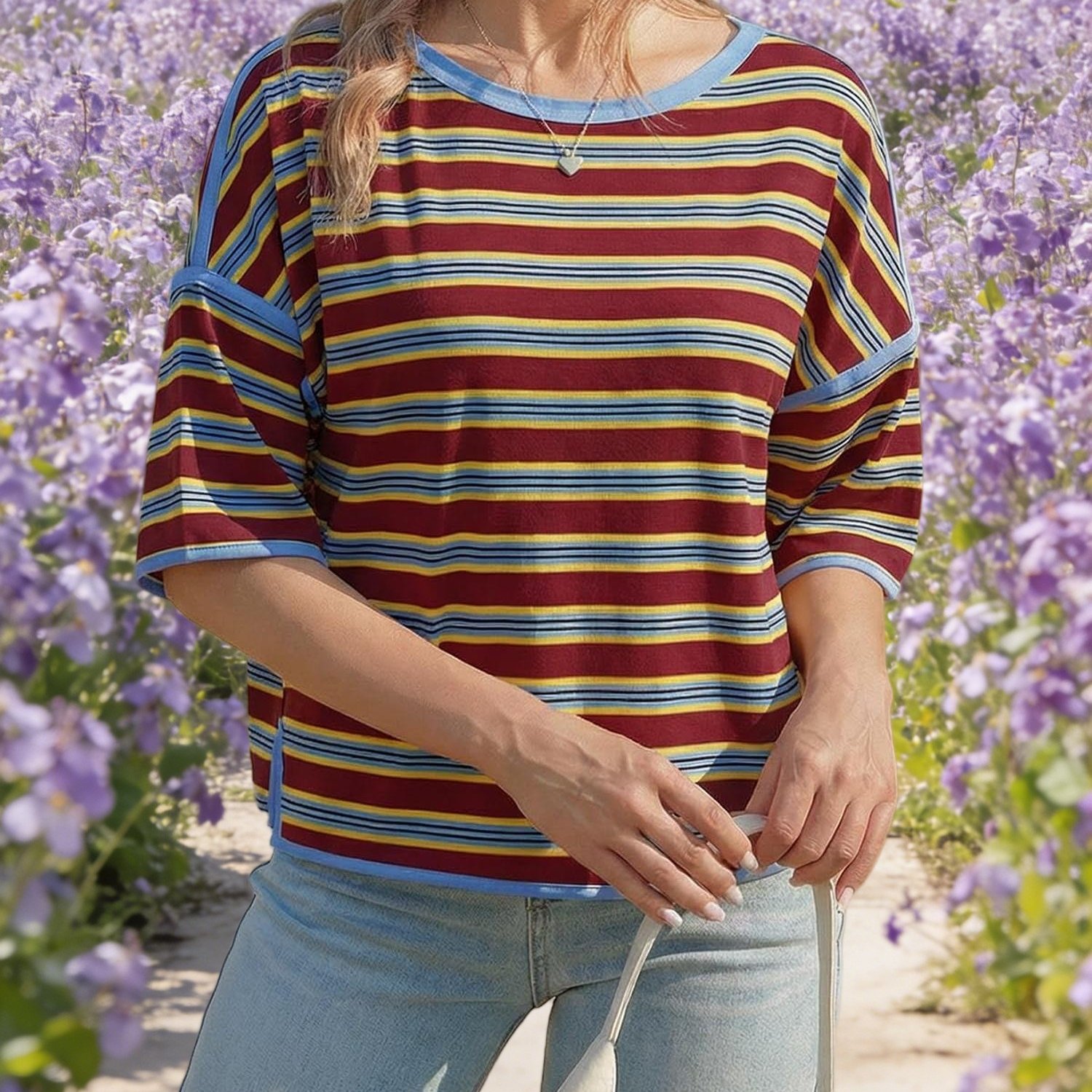 Image of Women's Oversized Striped Boxy Tee - Relaxed Drop Shoulder Short Sleeve Top With Color Block Round Neck Blouse-compatible Shirt | Machine Washable Loose Fit Tunic For Summer Layering & Casual Wear