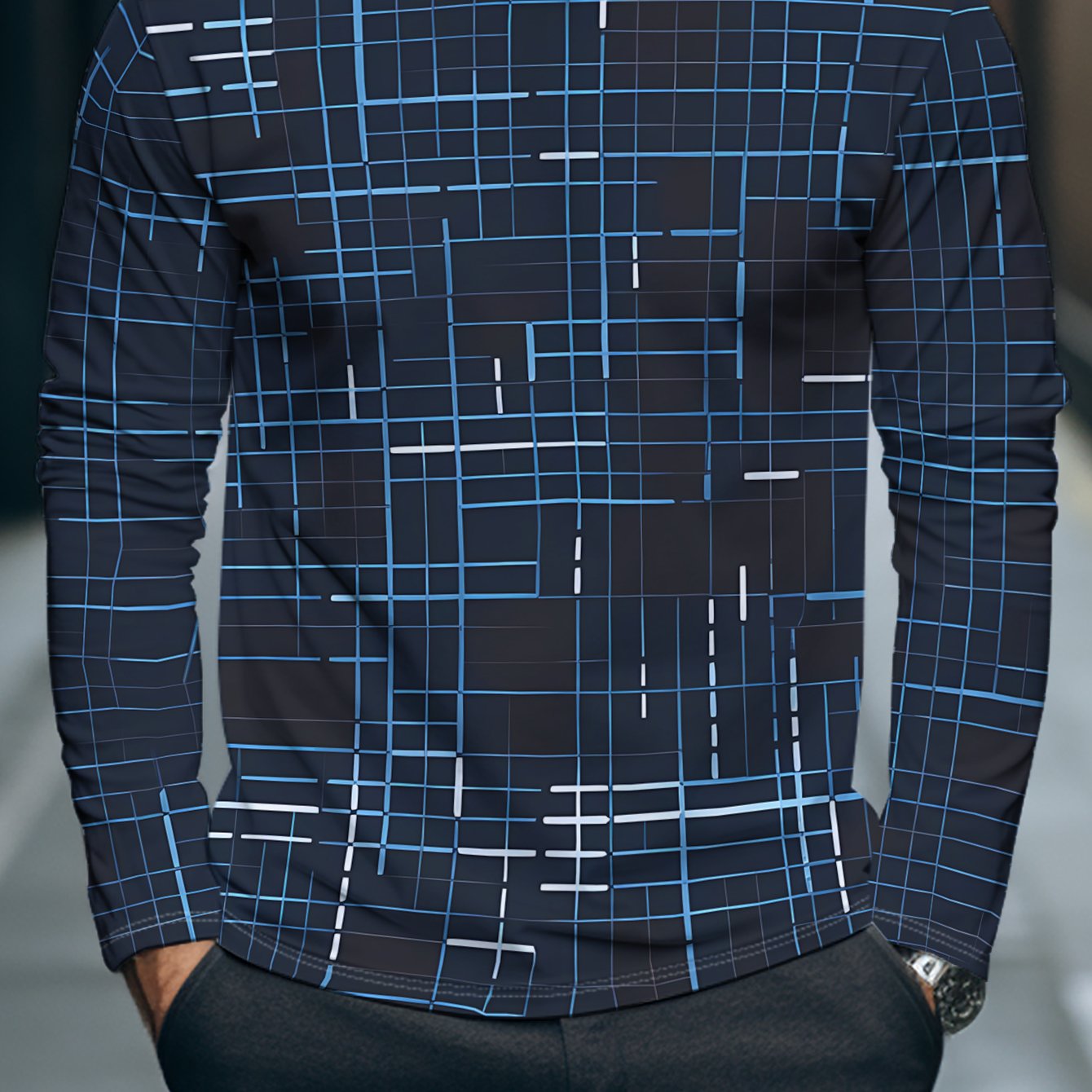 TEMU Dark Blue Long-sleeved Top, With Alternating Blue And , Featuring A Simple And