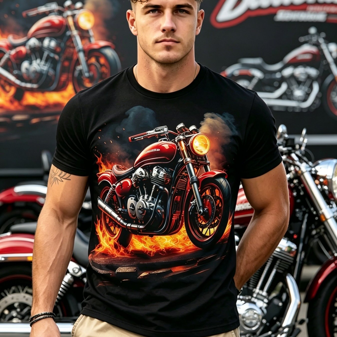 TEMU Men's Casual , Flame Motorcycle Print T-shirt, Suitable For Daily Wear And Boyfriend Gifts, Casual Sporty Style, Machine Washable