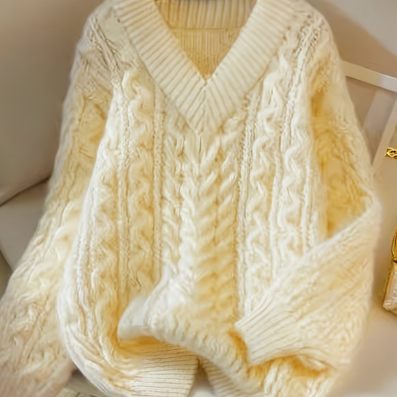 TEMU New Women's Lazy Style V-neck Chunky Cable Pullover Sweater