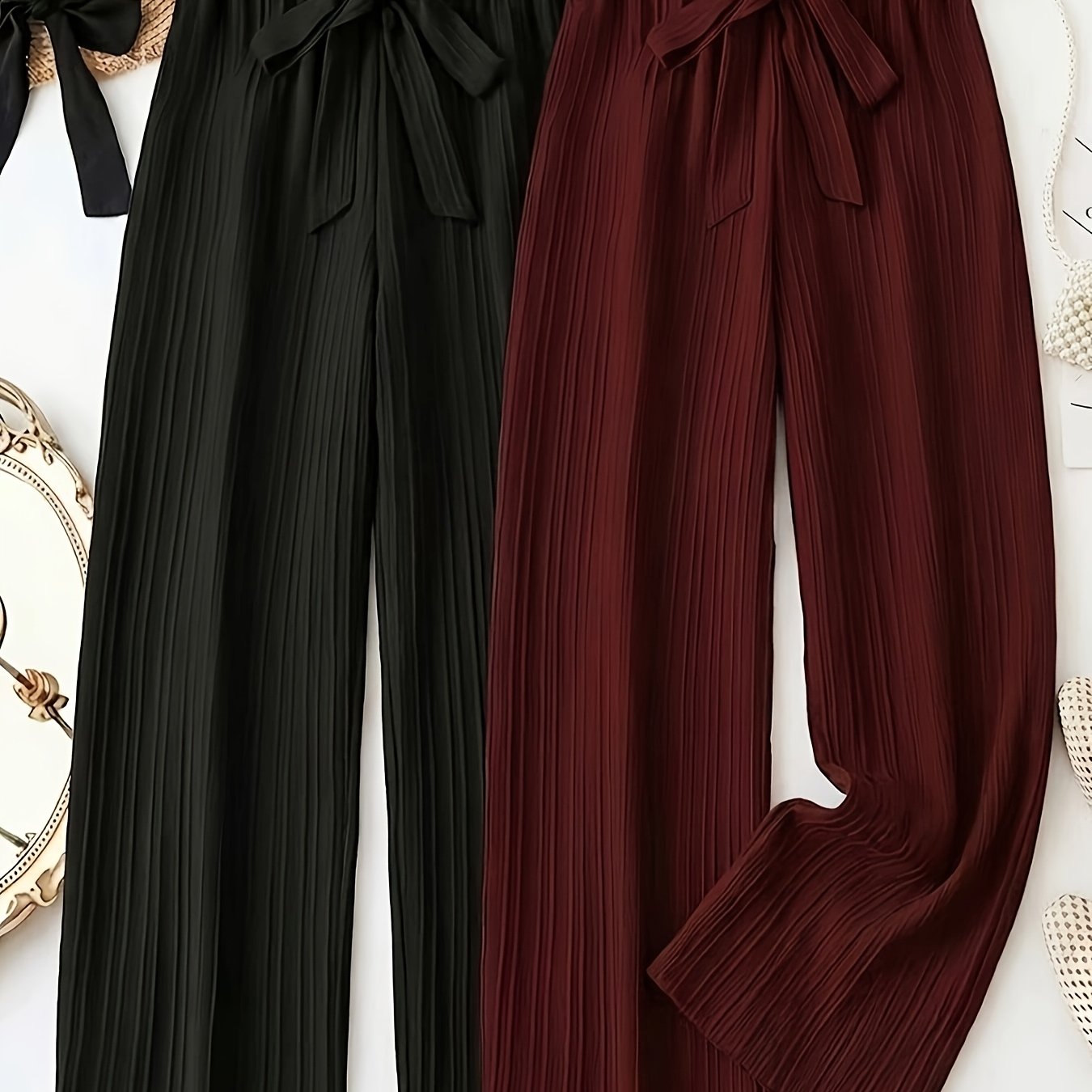 TEMU 2pcs Elegant Solid Color Drawstring Pants, Comfortable Loose Fit, Elastic Waist, Women's Long Casual Pants - Perfect For Spring/summer Wear,