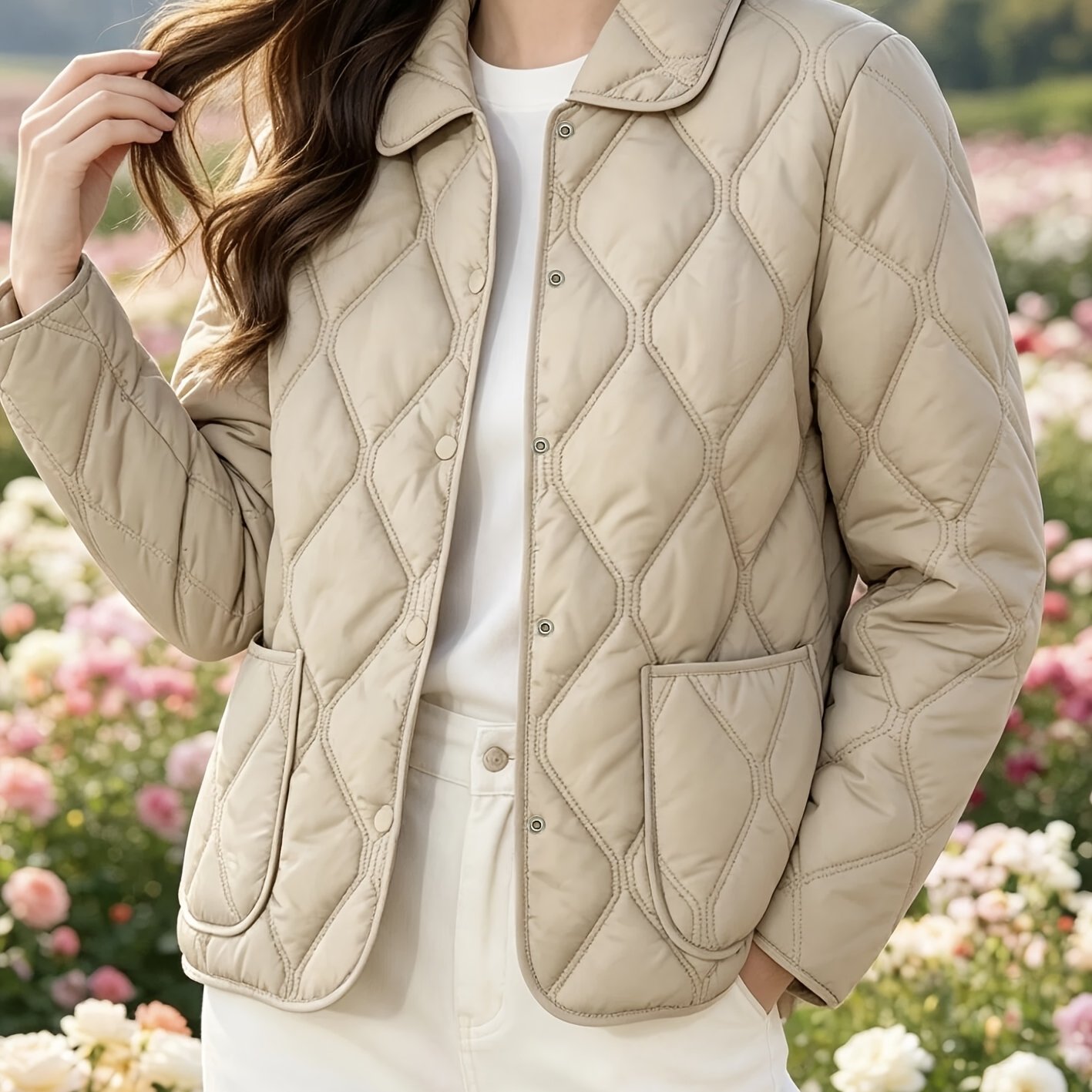 TEMU Spring/autumn Women's Outerwear, Doll Collar Rhombus Quilted Padded, New Year Outfit And Year-end Style, Versatile Top For Daily Commuting And