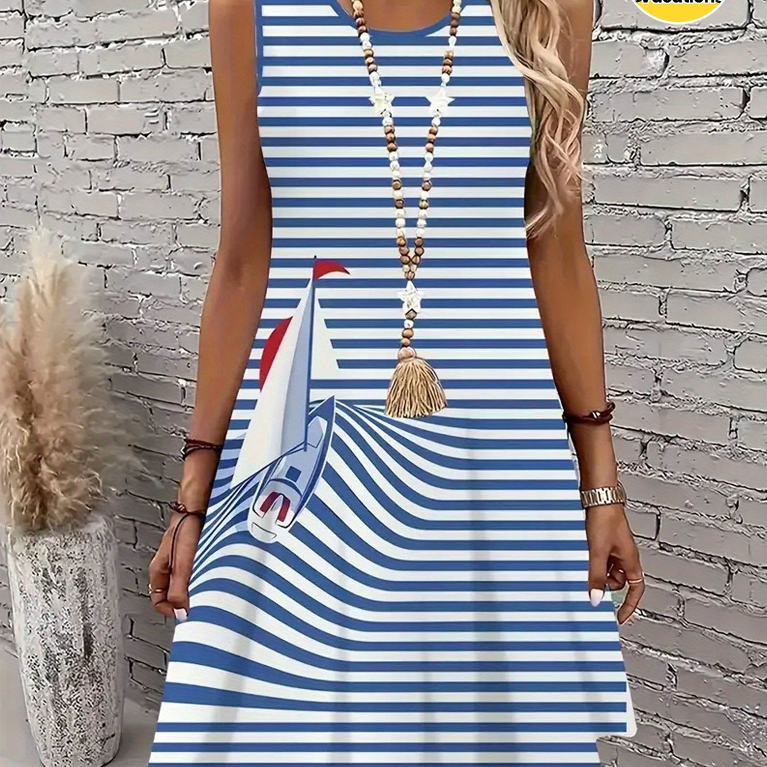 TEMU [printed Design - No Texture] Women's Sleeveless A-line Skirt - Blue And White Striped Sailboat Pattern Print, Lightweight Breathable Summer