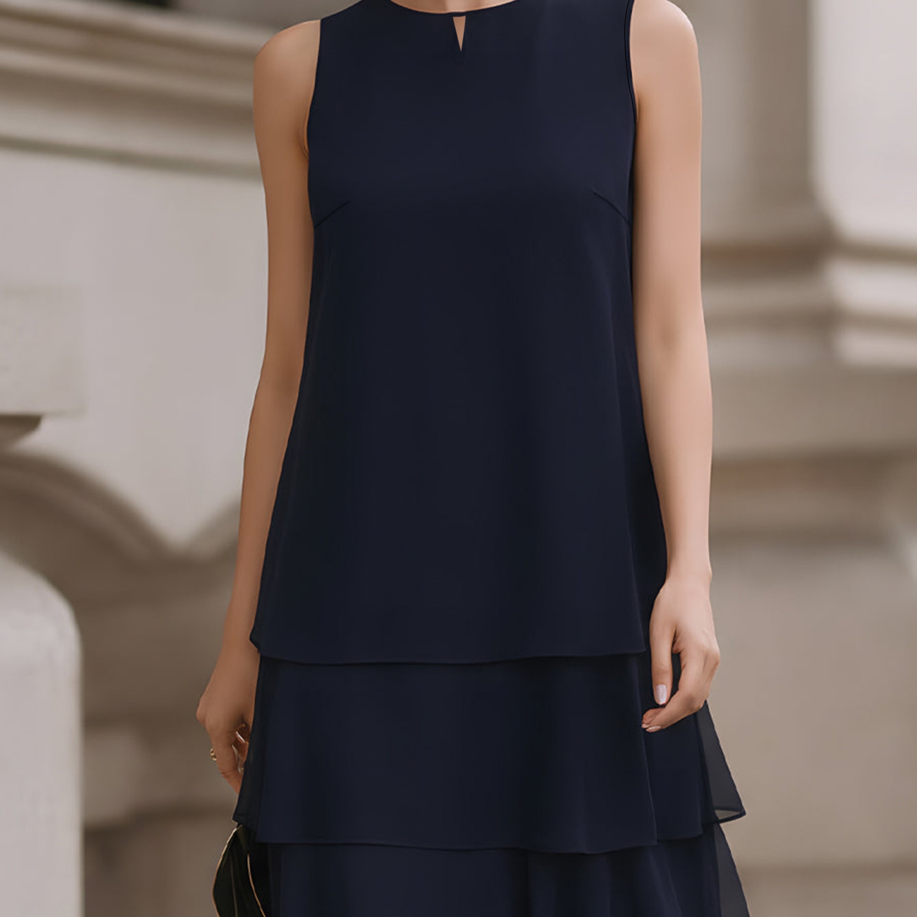 TEMU Summer Round Neck Sleeveless Chiffon Mesh Layered Cake Skirt Fashion Solid -shoulder Standard Size A-line Knee-length Dress