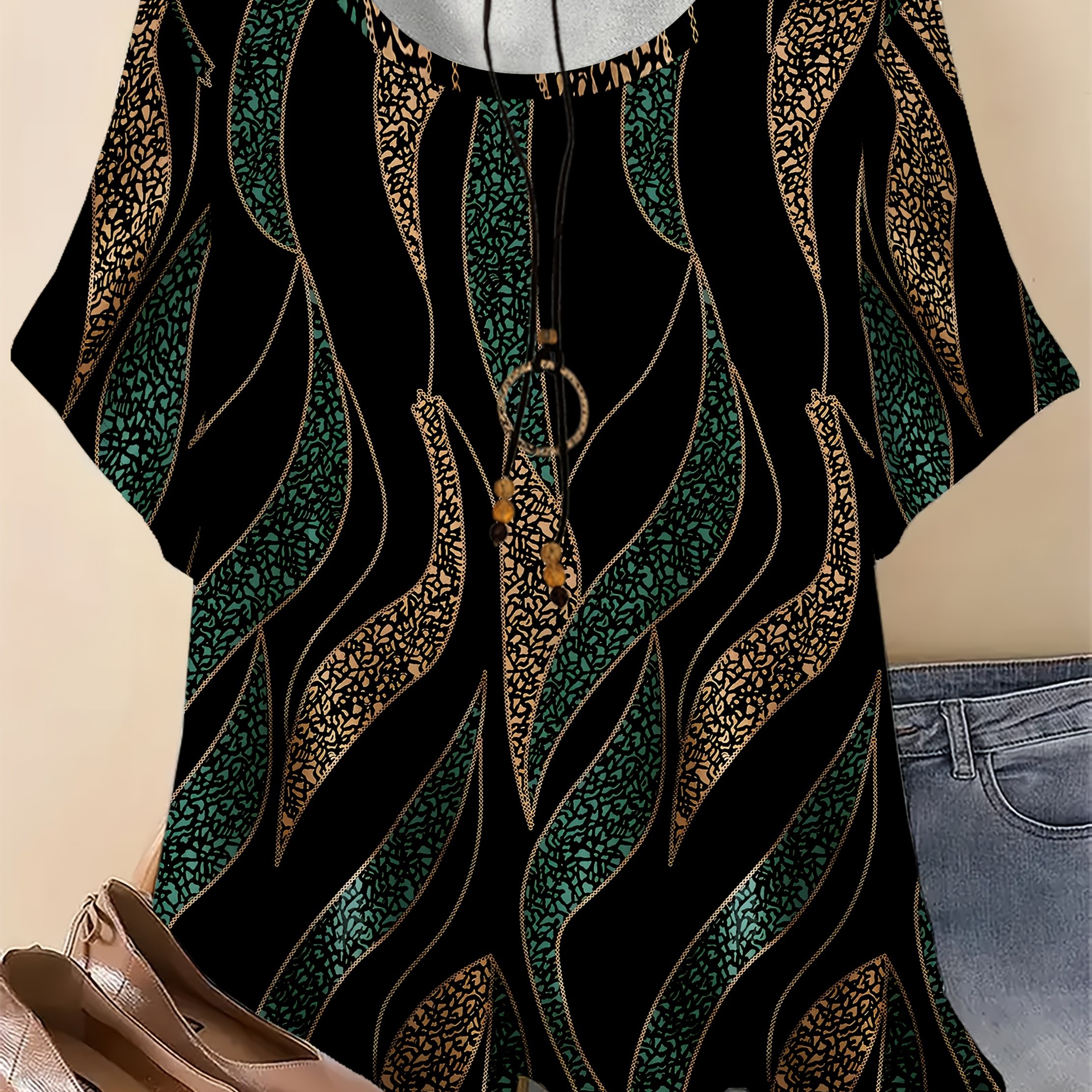TEMU Plus Size - Plus Size - Yellow-green Leaf Print Women's Casual Loose Round Neck T-shirt