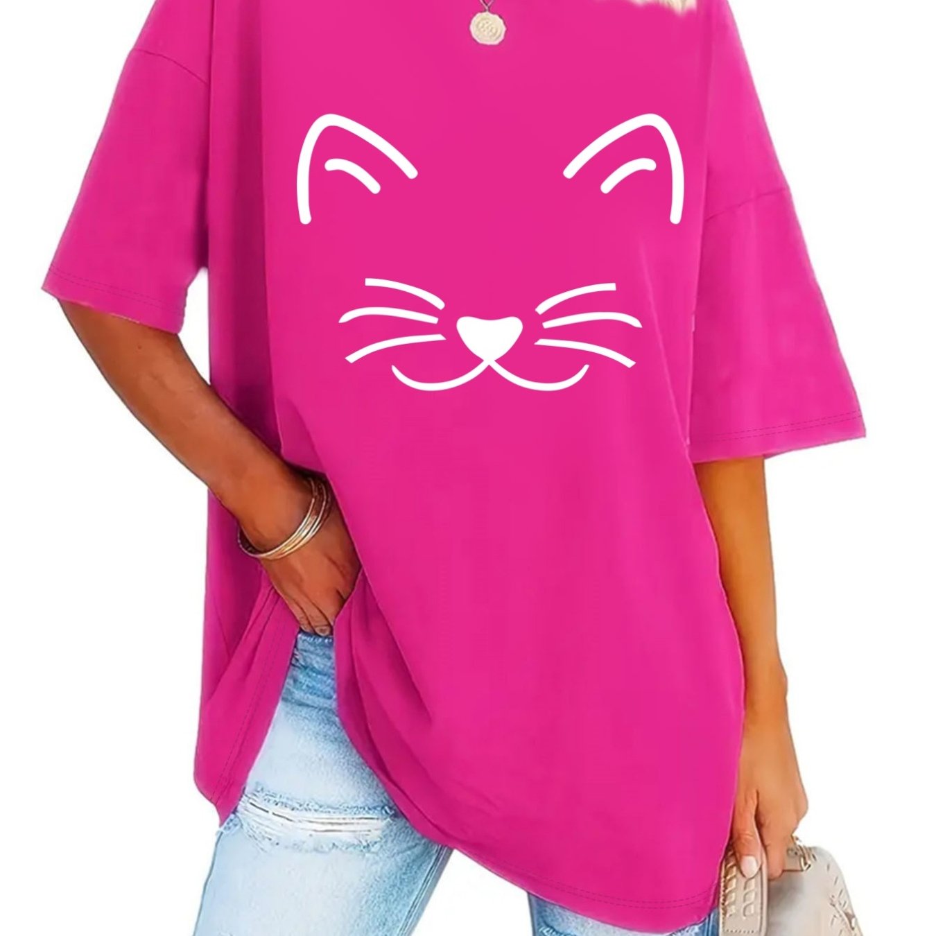 TEMU Plus Size, Pattern Print Fashion Round Neck T-shirt Plus Size
