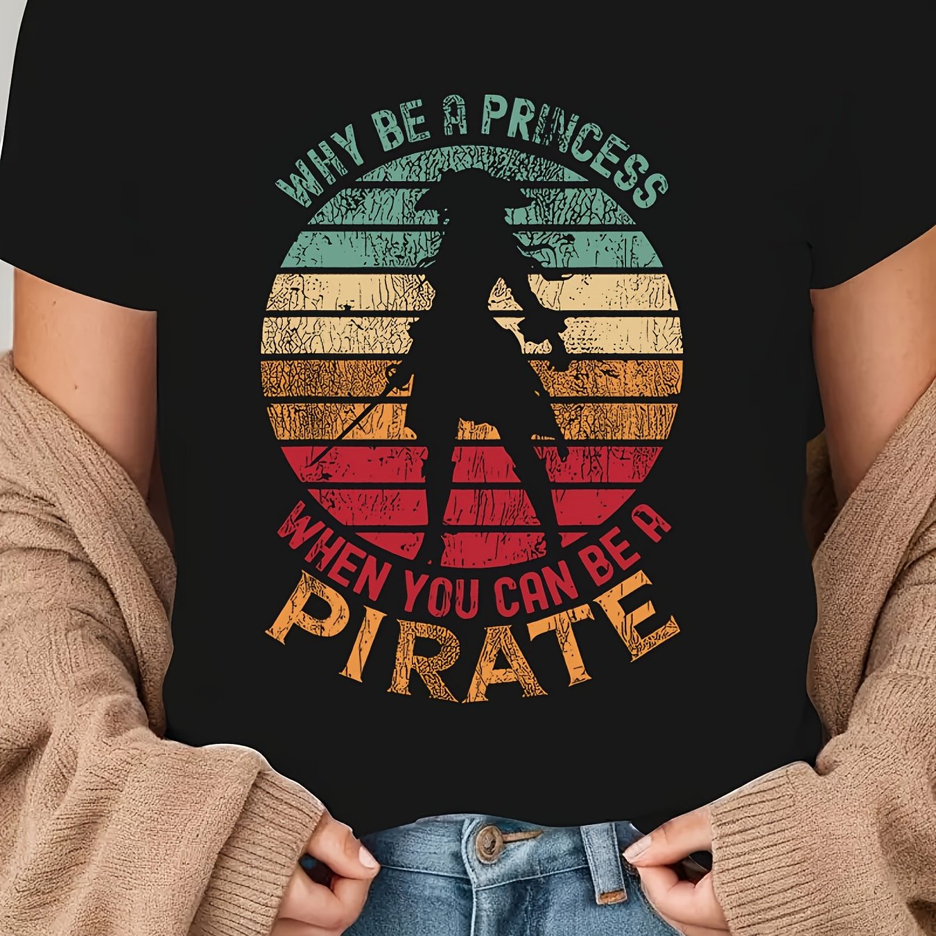 TEMU Plus Size - Plus Size - Retro Sunset And Pirate Silhouette Elements. Why When A Pirate? Patterned Print Plus-size Women's Fashionable Casual