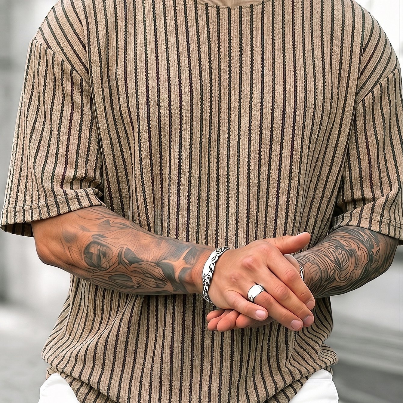 TEMU Men's Casual Comfortable Round Neck Retro Striped Short Sleeve T-shirt, Fresh Outfit Essential, Premium And Easy, Not Easy 2hlt26, All Season,