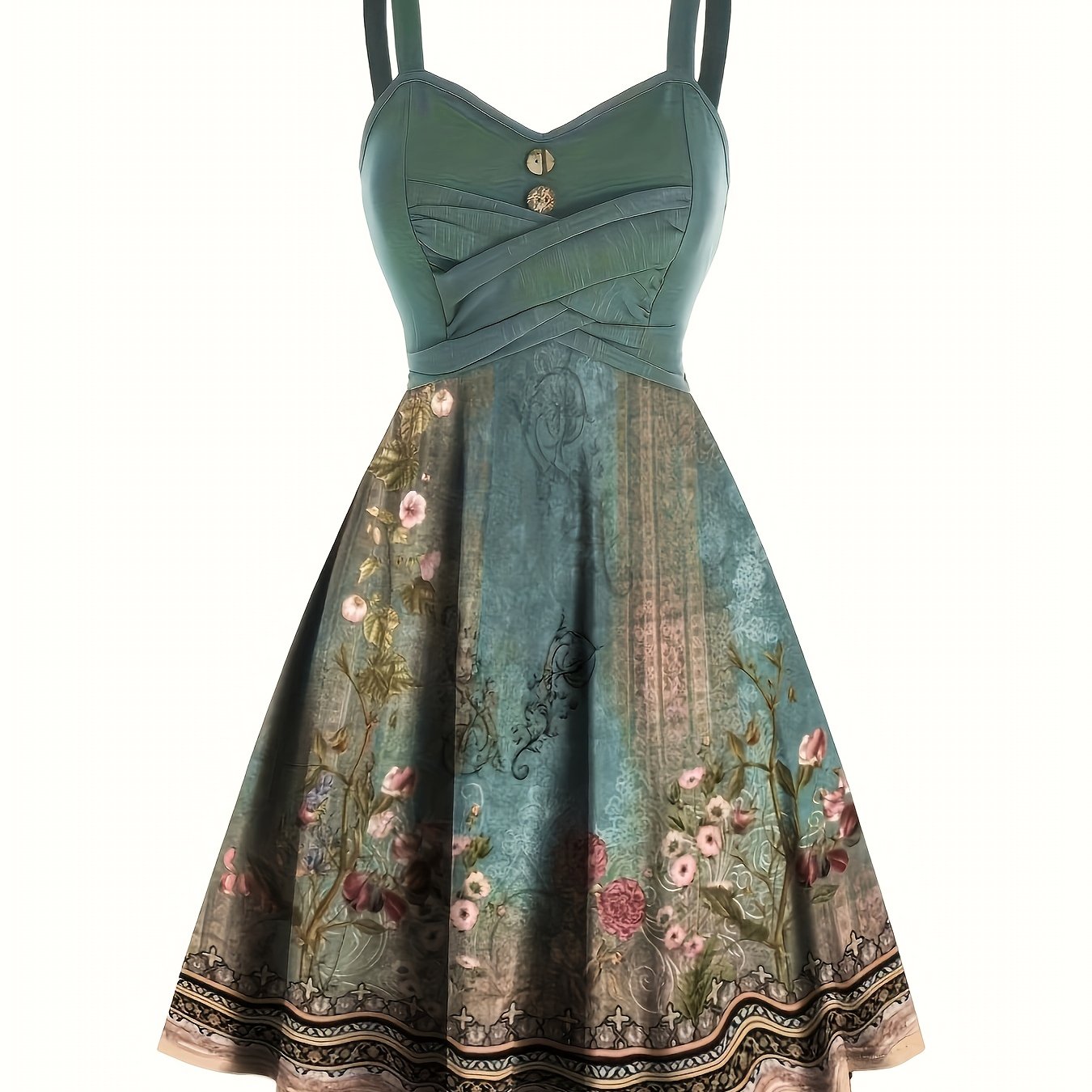 Targeted Development, Western Fashion Elegant Pattern Print Cross Button Detail Dress