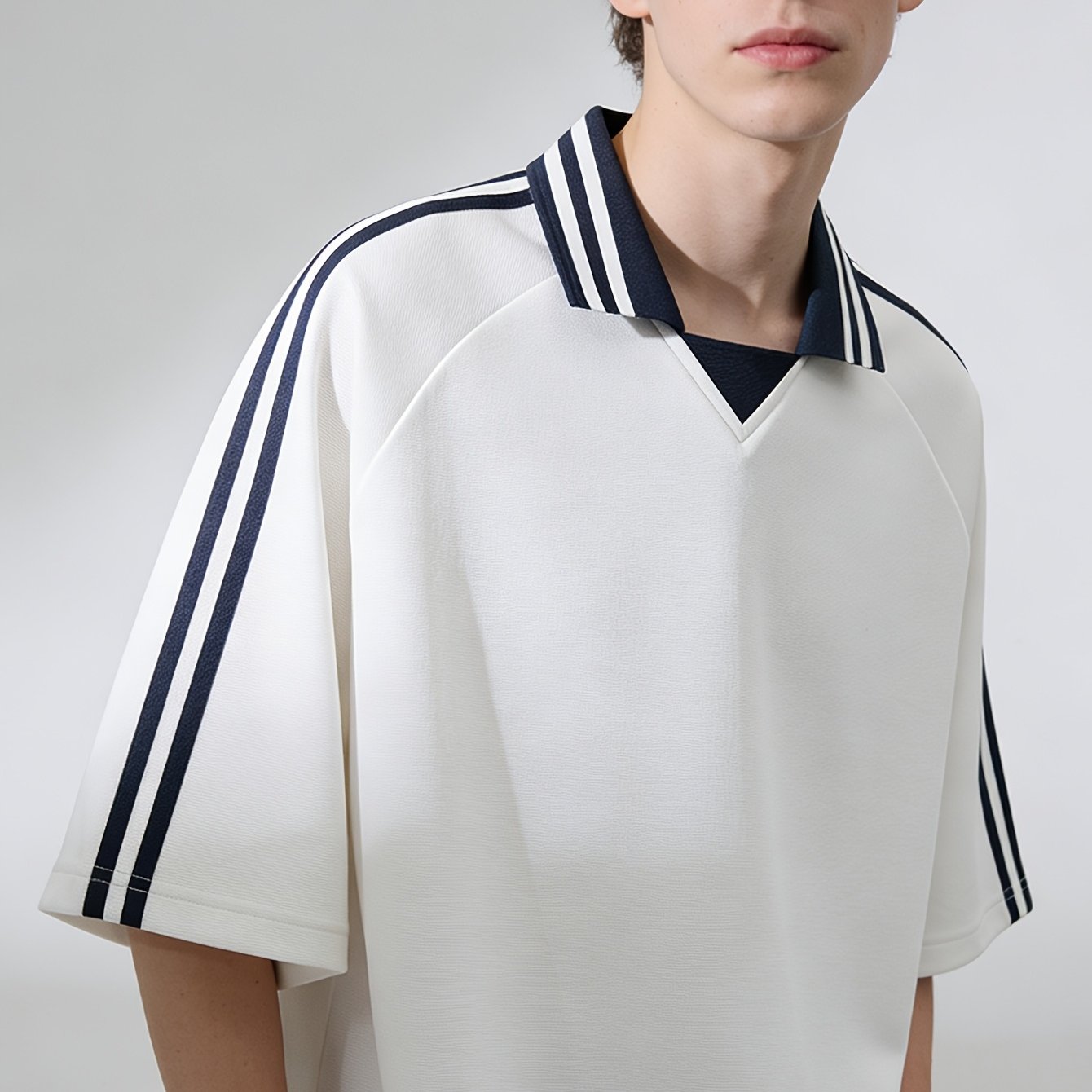 TEMU Camiseta de hombre a rayas con bloques de color y raglán, camiseta de ajuste holgado con solapa de color liso simple, superior deportiva casual