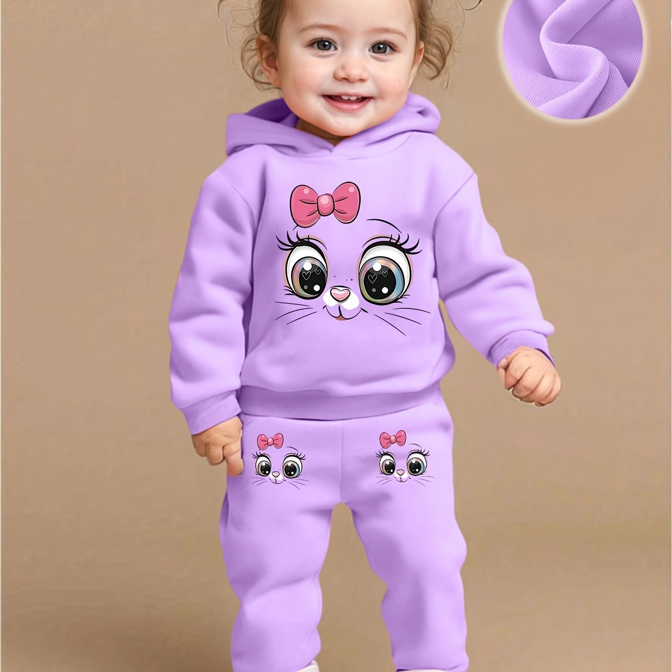 Image of Infant & Toddler Girl's Cute Cartoon Cat Pattern Long-sleeve Hoodie + Casual Simple Long Pants Set, Spring/autumn 2pcs Set, Perfect For Outdoor