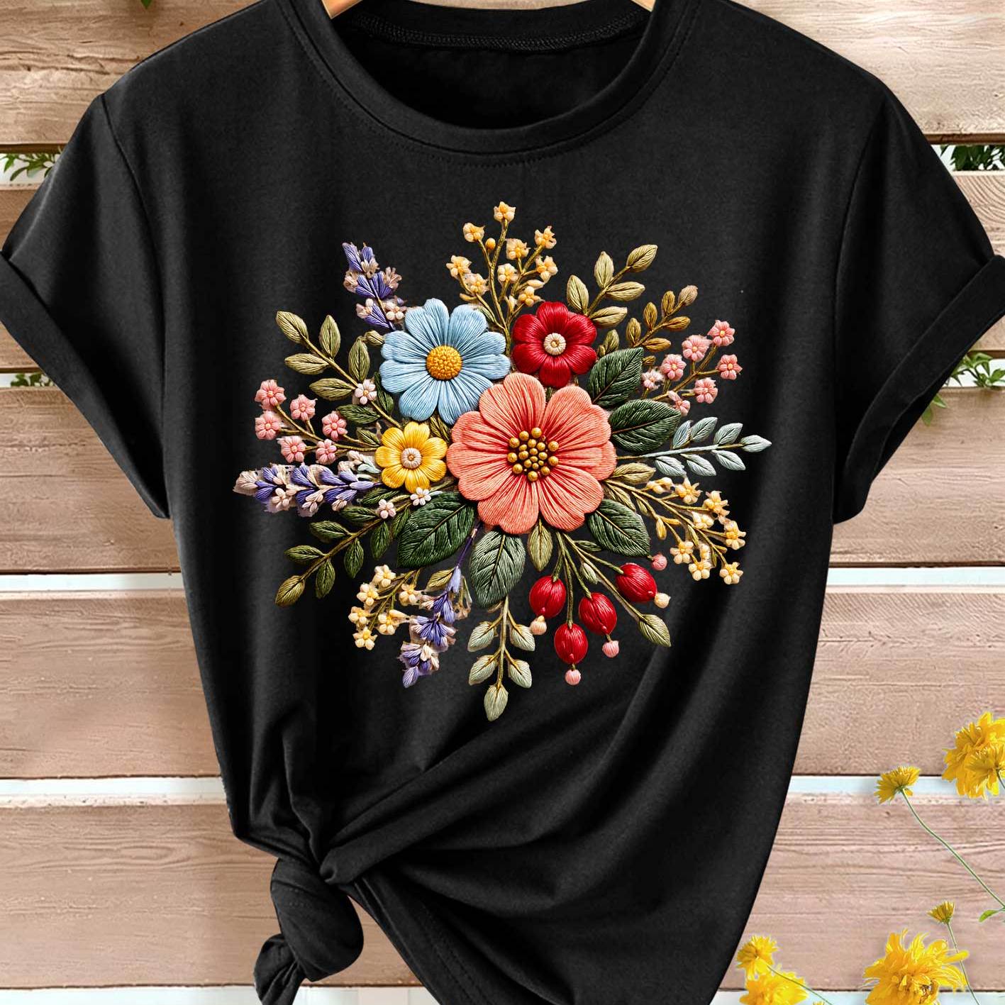 TEMU Summer New T-shirt Women's Bouquet Flat Printing Casual Outing Commuting Vacation Summer Travel Outfit Spring Summer Autumn Elegant Retro Style