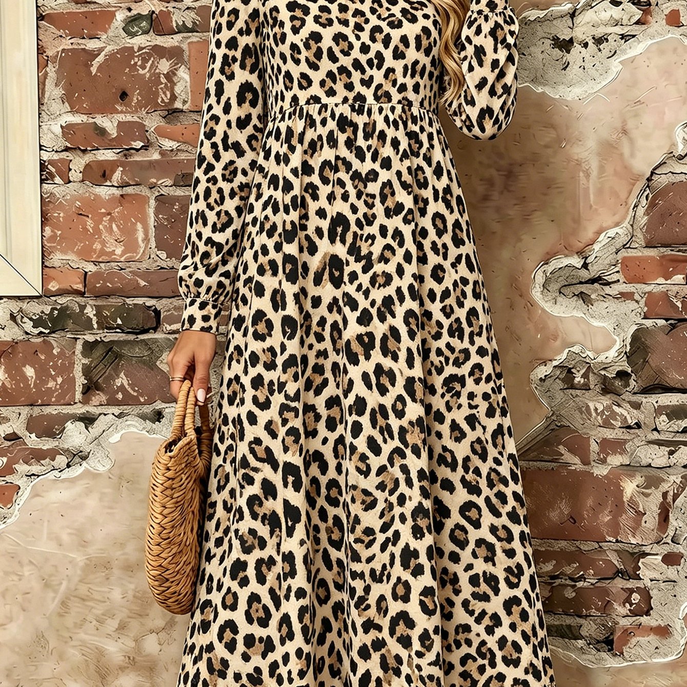 Image of Plus Size, Plus Size Women Classic Leopard Print Long Sleeve Midi Dress, Crew Neck High Waist Tummy Control Loose A-line Swing Dress, Vintage Casual Boho Flowy Dress For Curvy Women Spring Summer