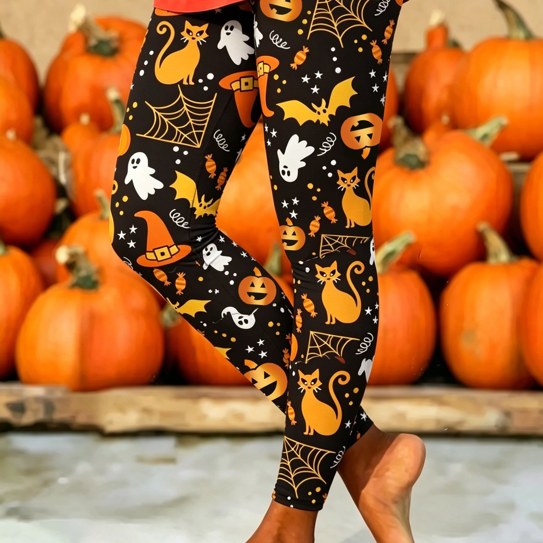 TEMU Leggings imprimés Halloween avec motif chapeau de sorcière, toile d'araignée, chat et bonbons, collants de base confortables et tendance