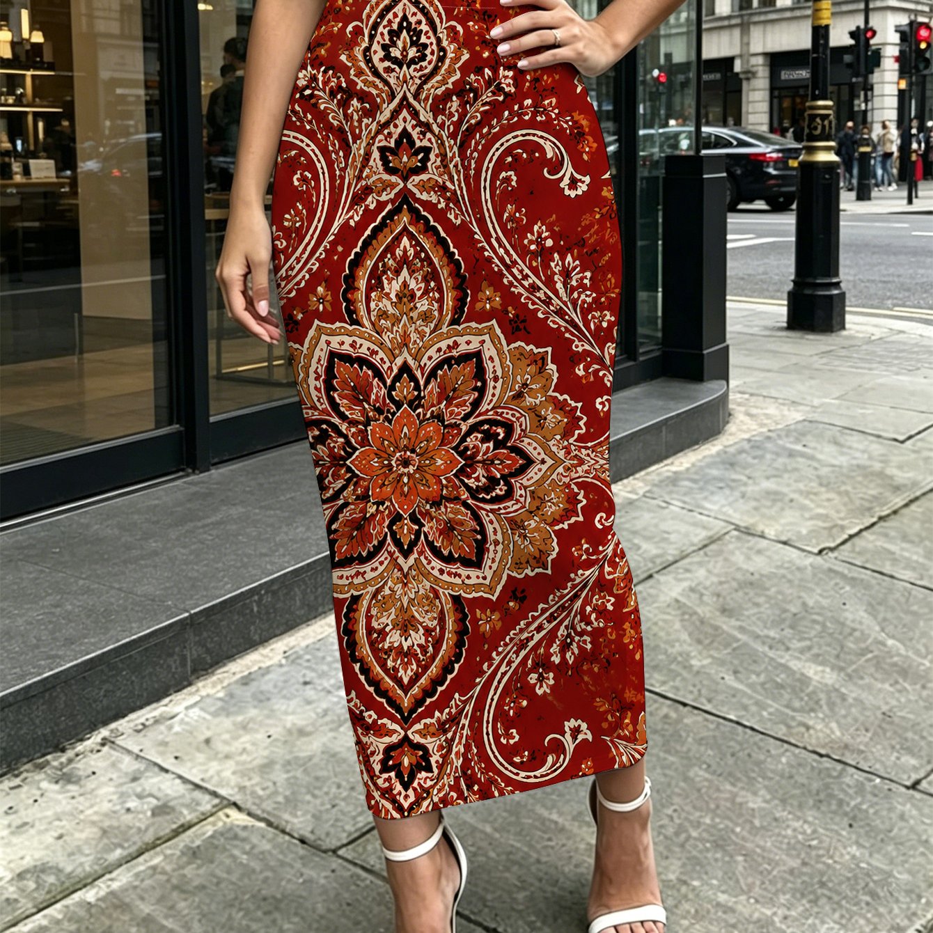 TEMU Vintage Red Paisley Floral Womens Printed Mid Length Hip Hugging Skirt Office Beach Street Travel Dinner Casual Wear