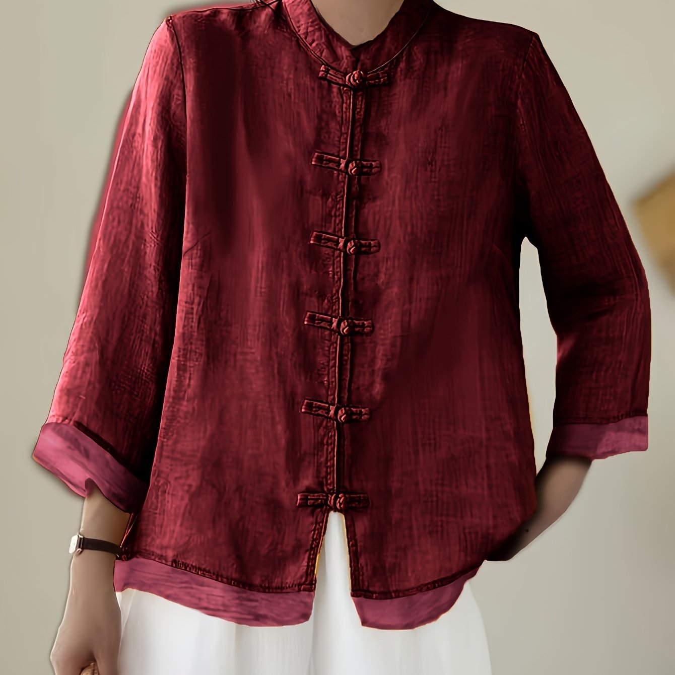 E-shop Damen Vintage Knopfbluse, Freizeitkleidung für Damen – Langarmshirt mit Stehkragen elastischen , geeignet für Frühling, Sommer Herbst, für