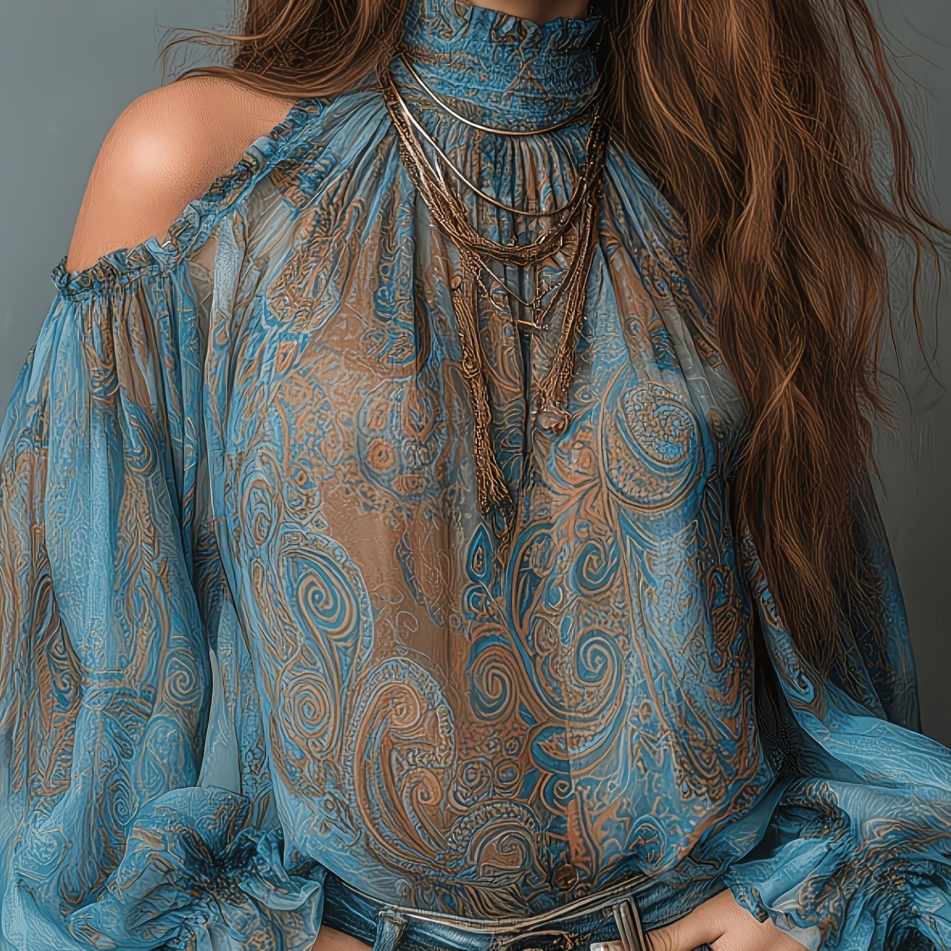 TEMU High-neck Off-shoulder Crinkle Shirt, Printed Lantern-sleeve Semi-sheer Top, A Lightweight And Elegant Blouse For Spring And Summer, Ideal For