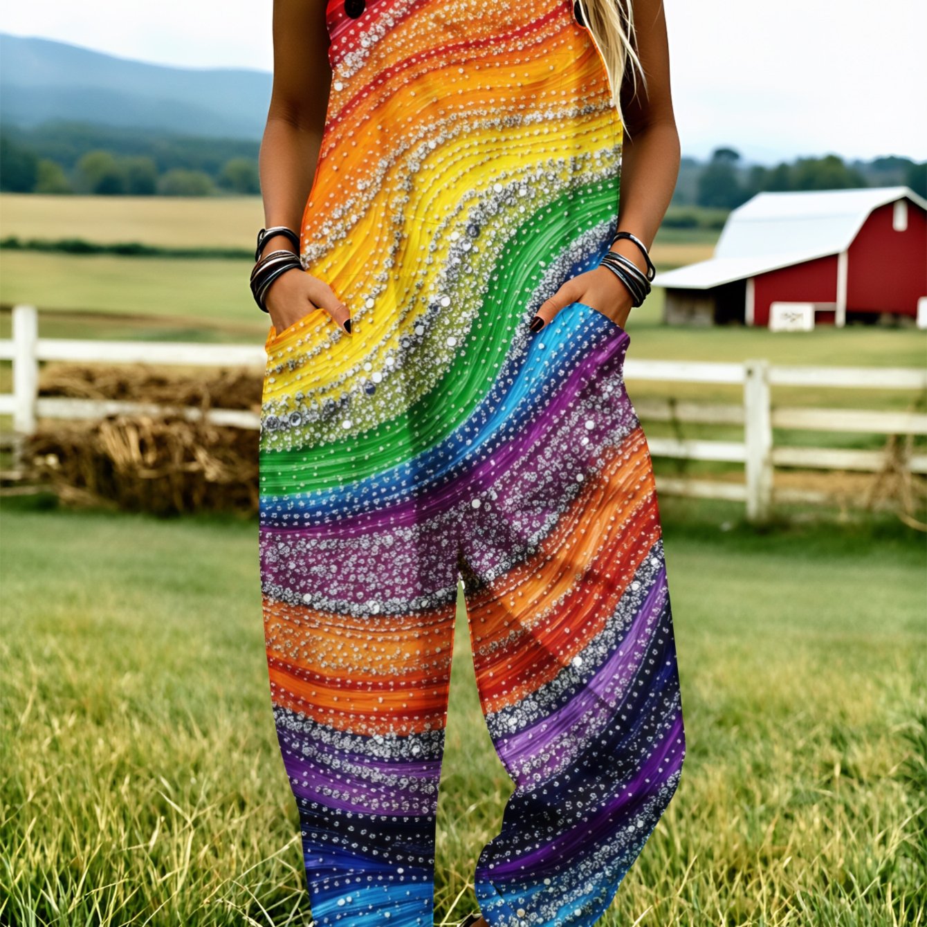 Image of Plus Size, Plus Size Women's Overalls 0xl-5xl Rainbow Wave Sequin Pattern Print Comfortable And Breathable Machine Washable Print Suitable For Spring, Summer And Autumn Wide-leg Pants