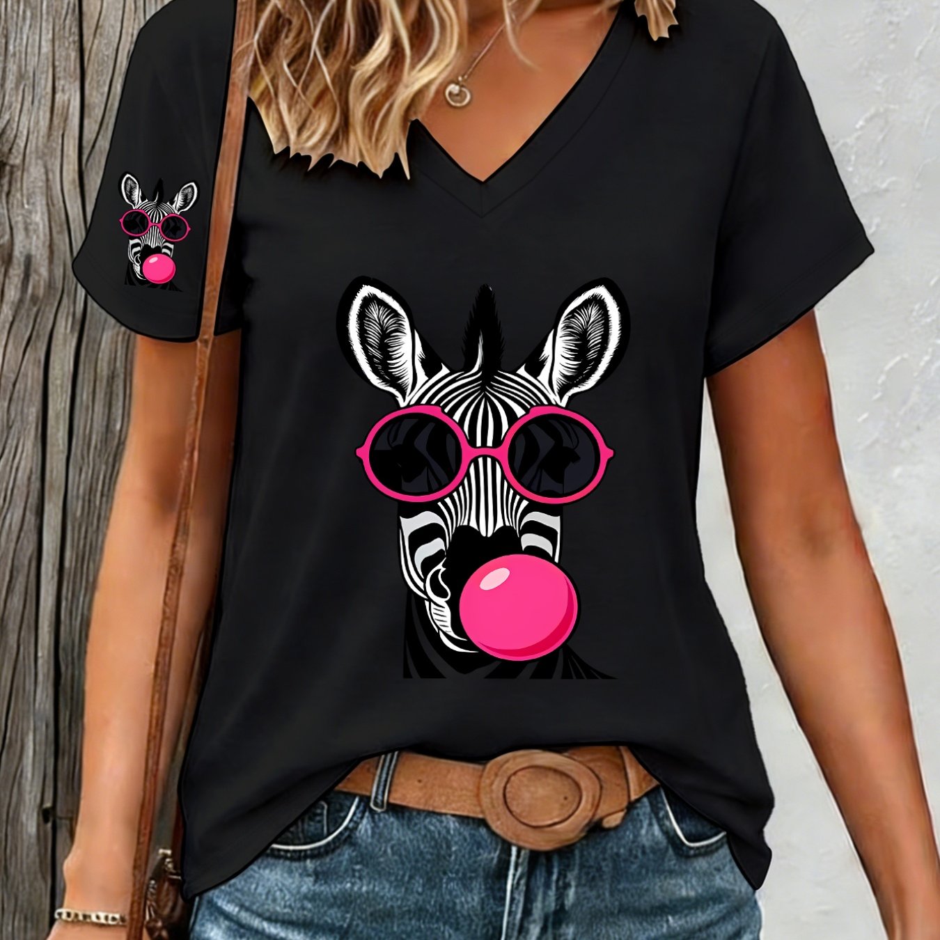 TEMU 1pc Cartoon Zebra Print V-neck Short Sleeve T-shirt Fashionable Design Highlight Loose Summer New Y2k Style Women's Athletic Wear Elegant