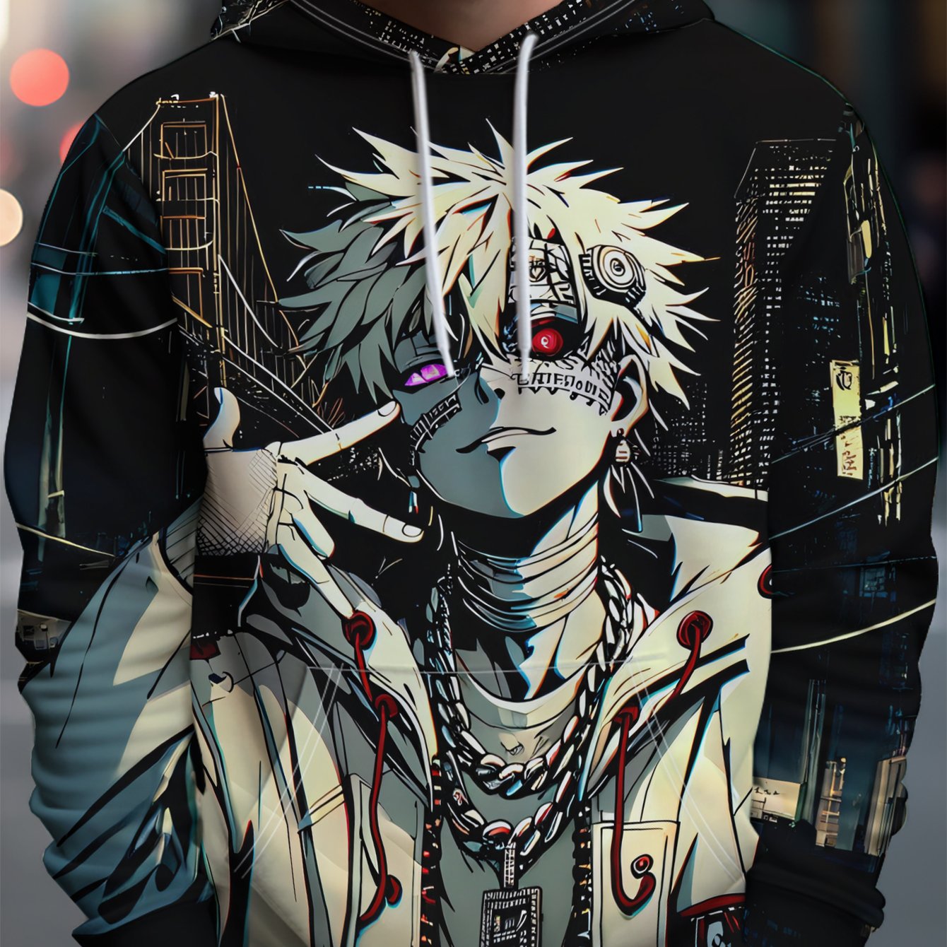 TEMU Men's Streetwear Brand Hooded Sweatshirt: For Man With White Hair And Heterochromia A Peace Sign Under Lights With Tattoos - Full Of Streetwear