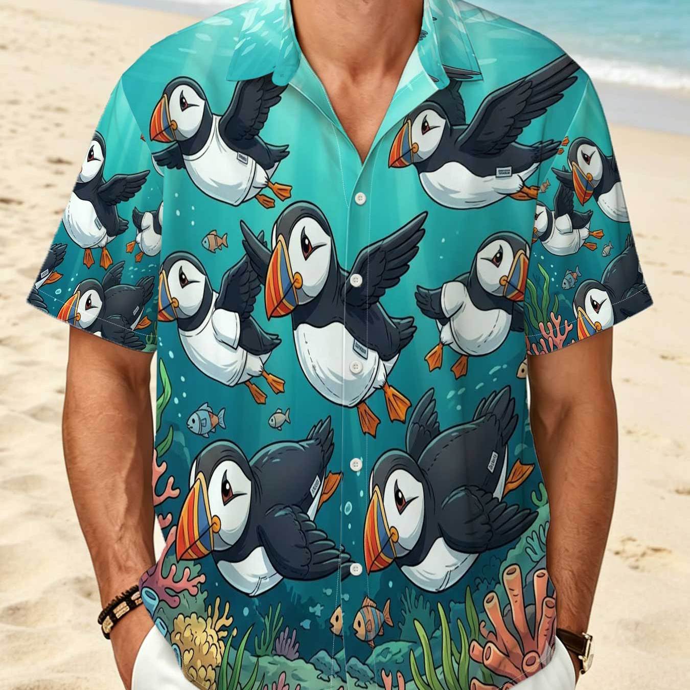 TEMU Men's Fun Group Print Short Sleeve Shirt, Versatile Top For Leisure Vacation And , Cute Pattern Comfortable Breathable Daily Wear, Loose Fit