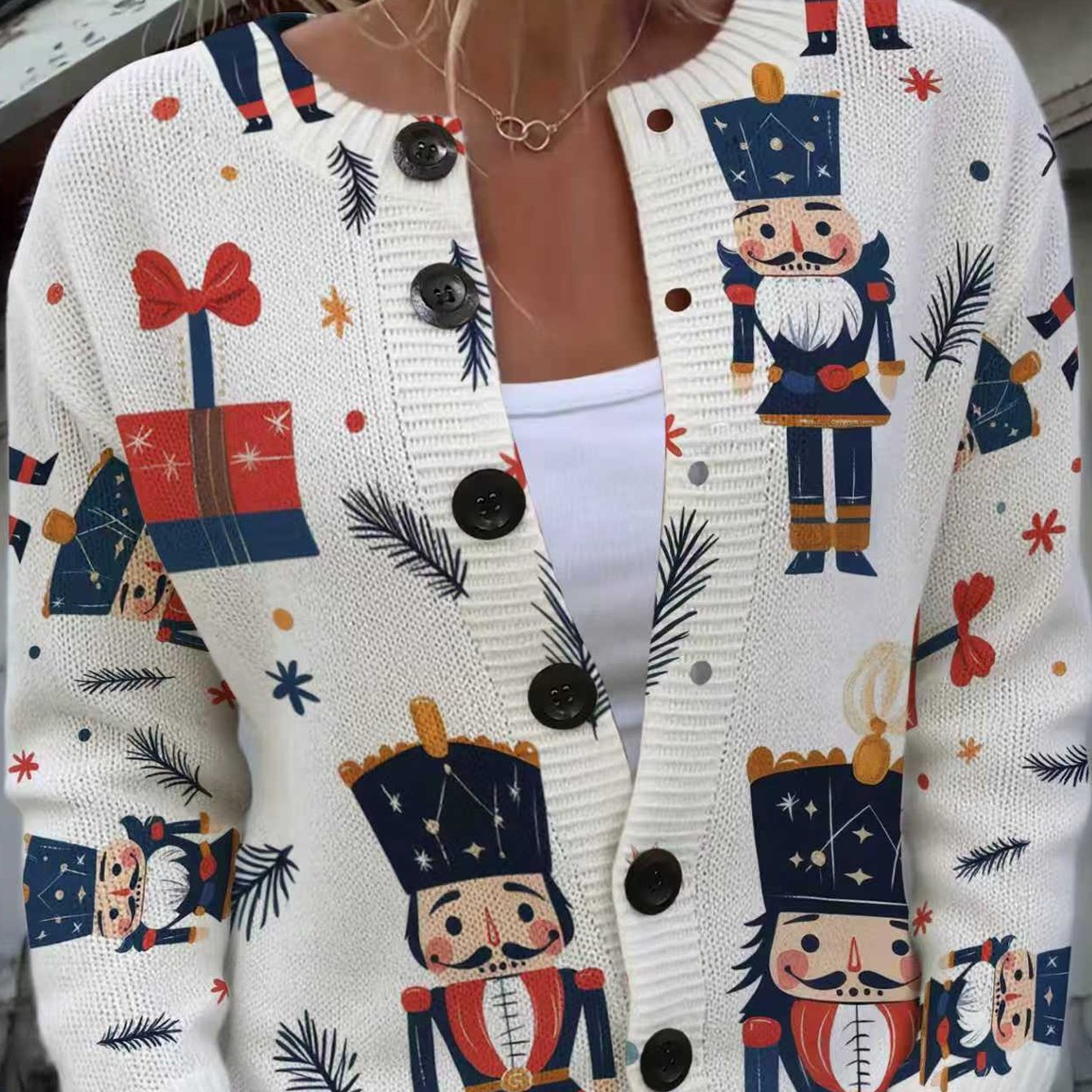 TEMU Christmas Women's Casual Button-up Cardigan - Nutcracker Soldier And Christmas Gift Print Design, Festive Holiday Atmosphere, Round Neck, Long
