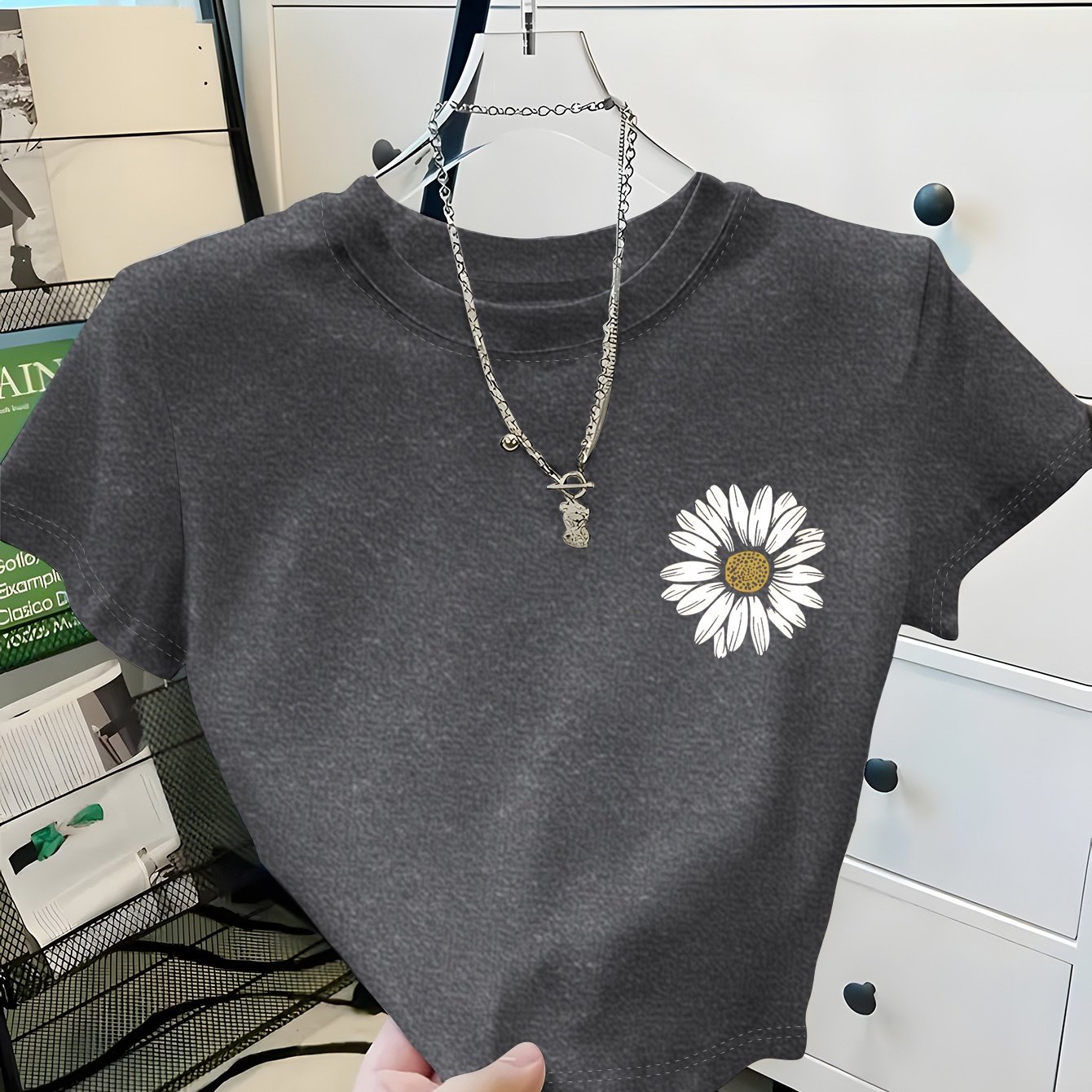 TEMU Women's -short T Small Daisy Pattern Casual Y2k Style, Short T-shirt, Fashionable, Elegant, Soft And Comfortable Fabrics