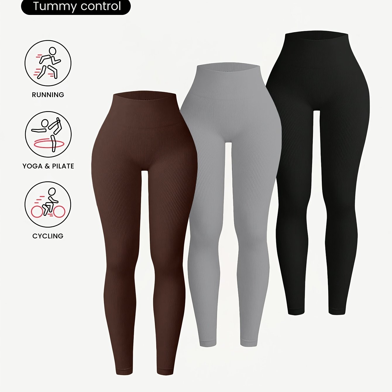 E-shop 3er-Pack Damenmode High-Waist Yoga Leggings, dehnbare gerippte Trainingshosen, sexy Po-Lifting und Bauchkontrolle Sportleggings, geeignet für