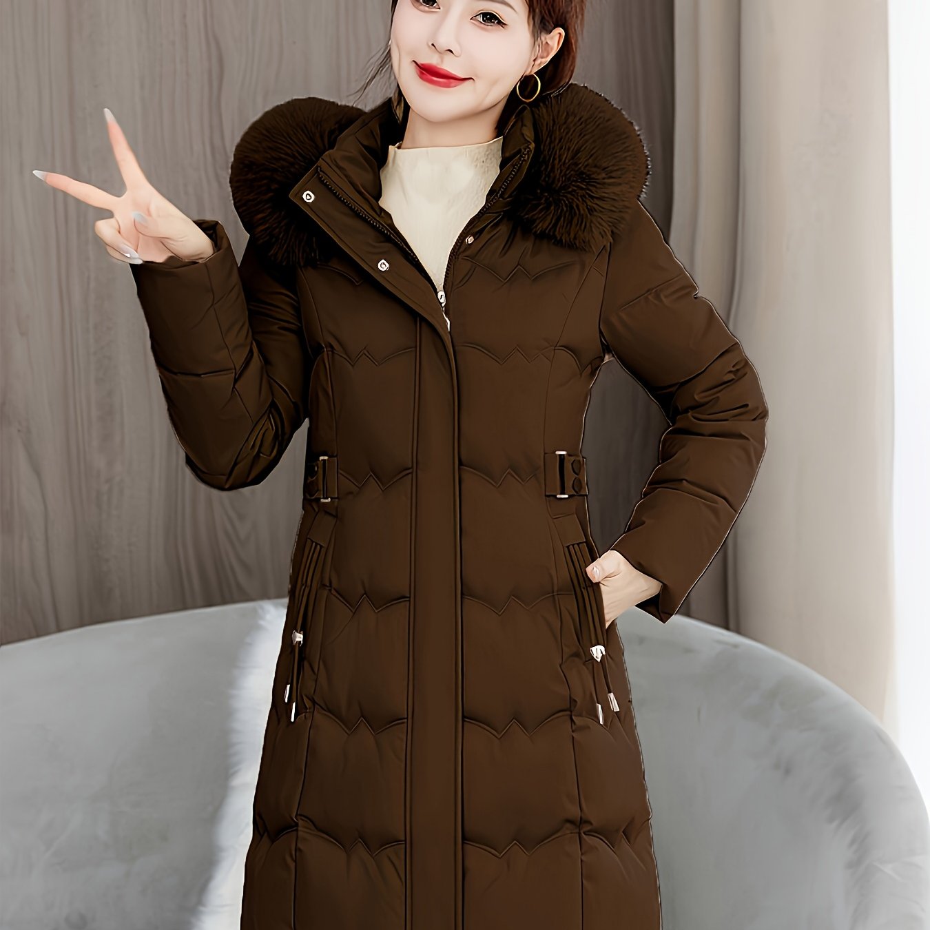 TEMU Elegant Women's Winter - Full-length Or Mid-length Hooded Jacket With Full Zipper Closure, Waist Cinching Belt, And Full-length Front Zipper -