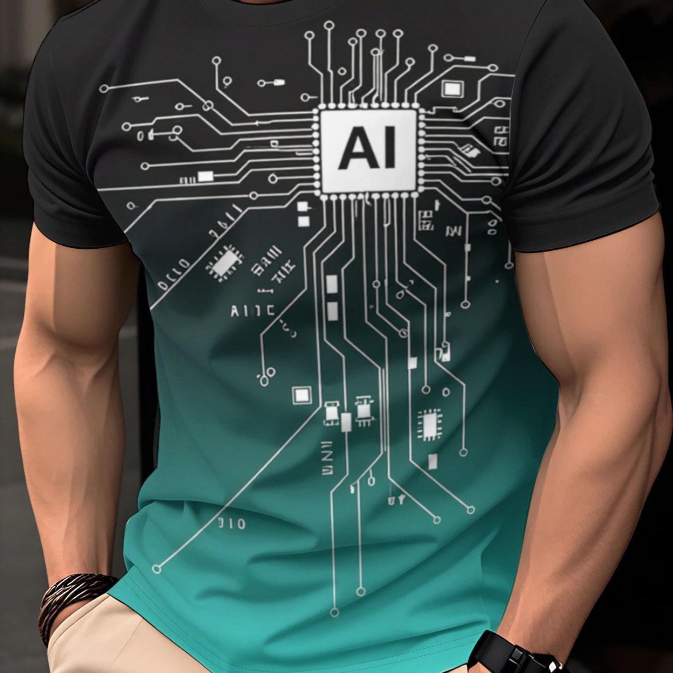 TEMU Summer Men's T-shirt Short Sleeve Ai Chip Quick-drying Breathable Elastic Fabric Slim Fit Round Neck T-shirt Casual Versatile Top