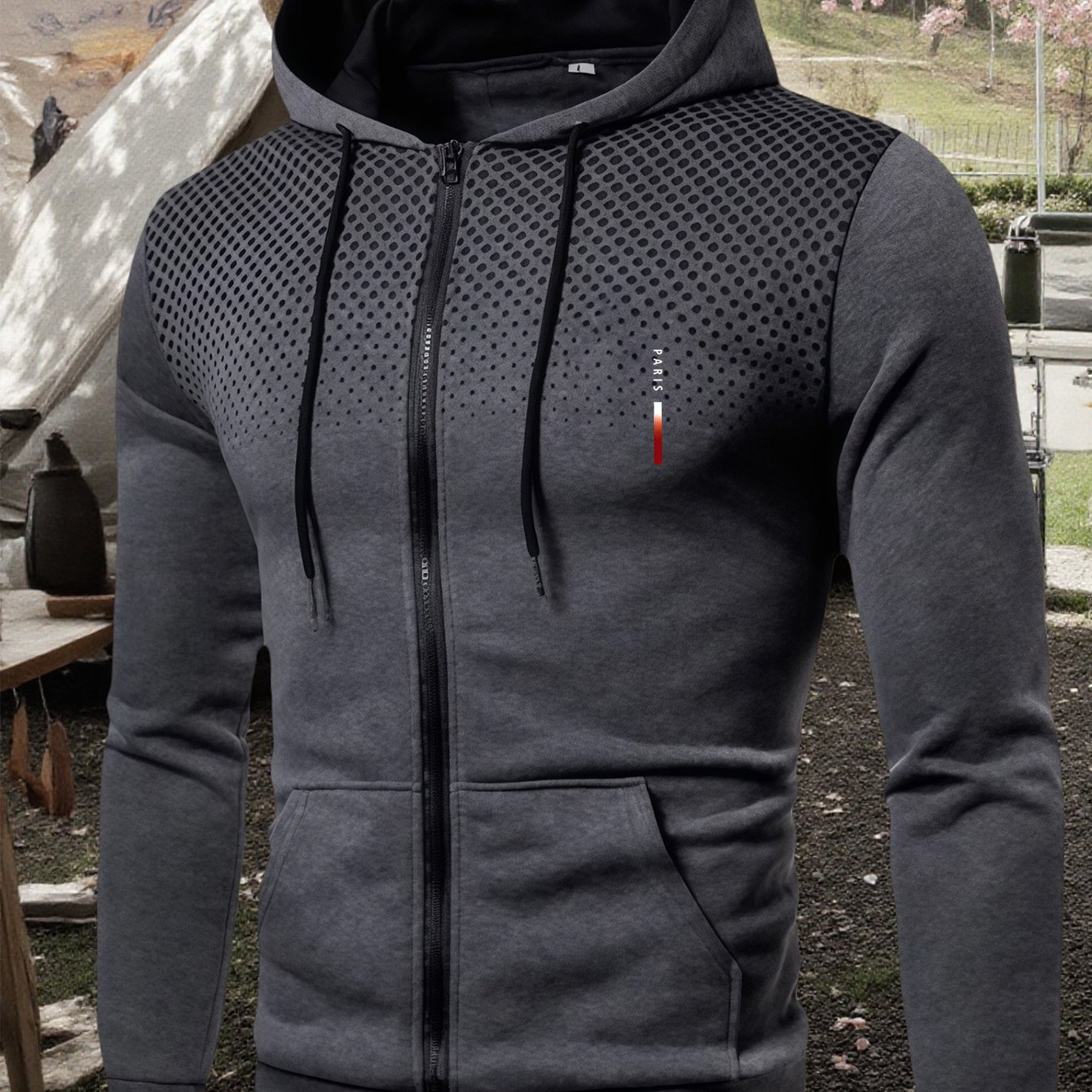 TEMU 1pc Men's Polka Dot Print Hooded Jacket With Drawstring And Pockets, A Casual Sporty Fashionable Hooded Zip-up Sweatshirt Jacket For Men,