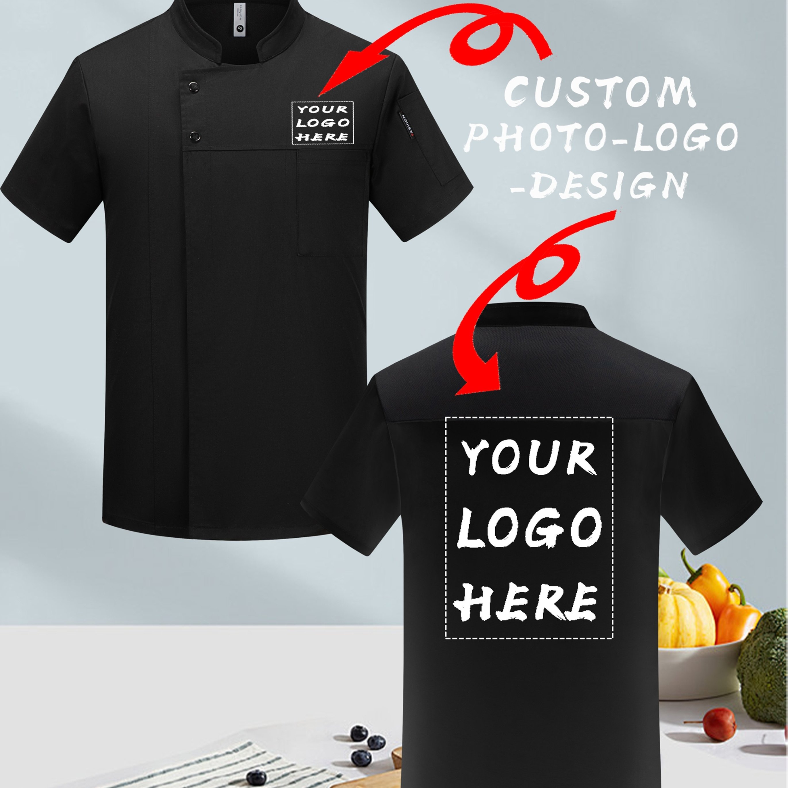 TEMU 1pc Custom Chef Short Sleeve Shirt, Personalized Logo, Custom Pictures And Text. Durable And, Suitable For Catering, Hotel , Cake Baking Shops