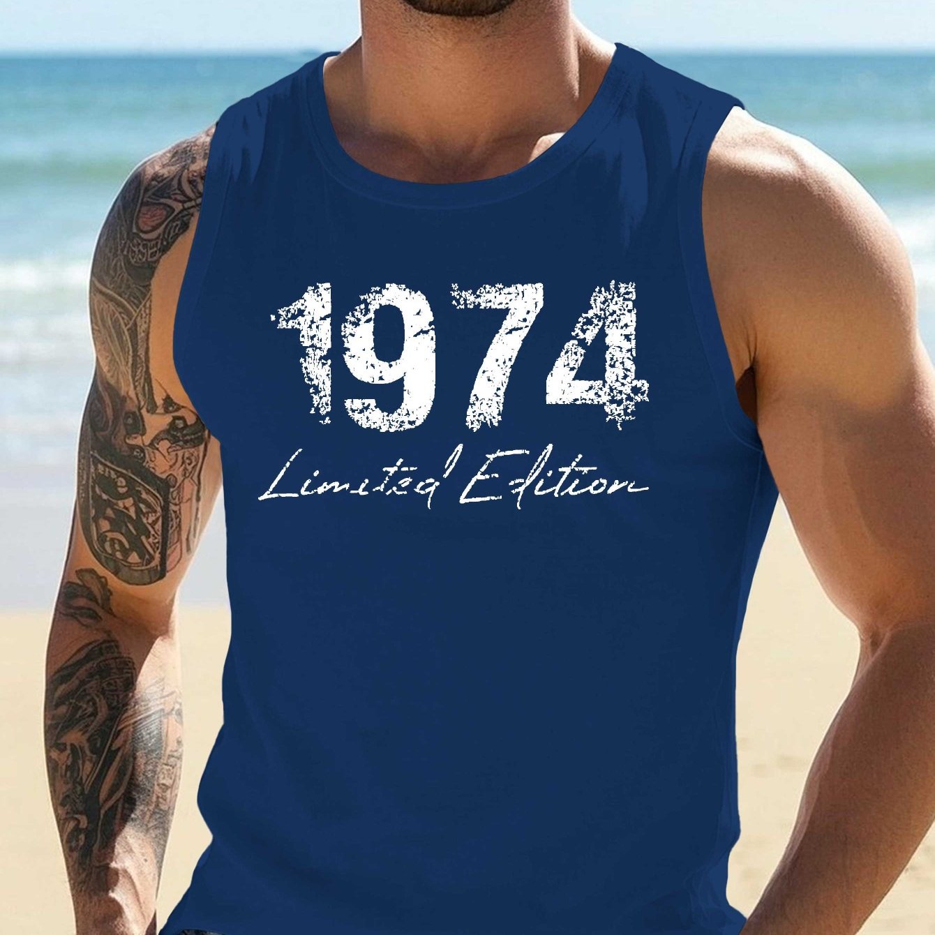 TEMU 1974 Edition Men's Vintage 1974 Print Vest - 1974-themed Numbered Design, Casual Sleeveless Summer Wear, Machine Washable Round Neck Regular Fit