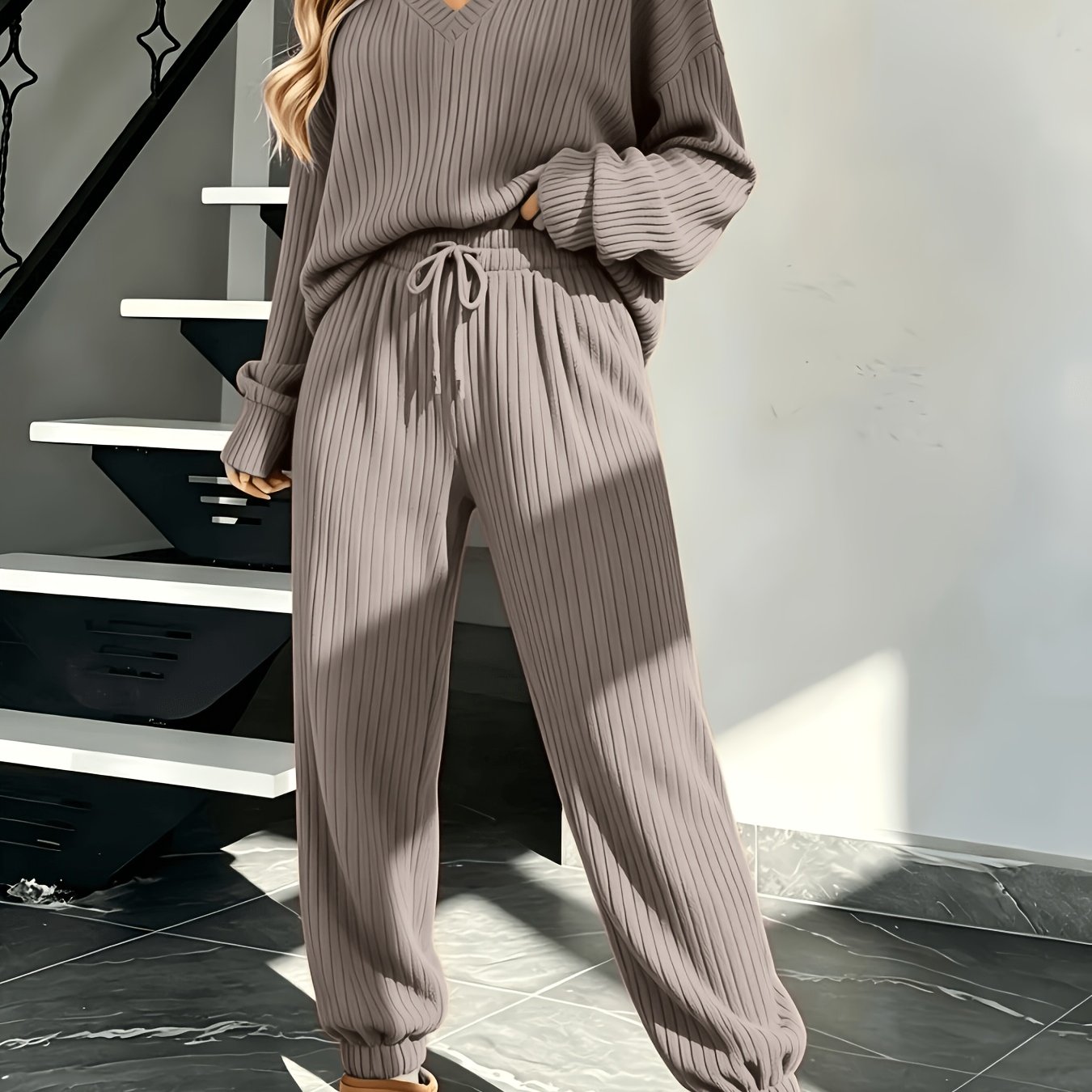 TEMU Ladies' Autumn And Winter Loungewear 2pcs Set, Autumn New Solid Color Top And Pants Set, Women's Ribbed Pajamas, V-neck Lazy Loose Wear,