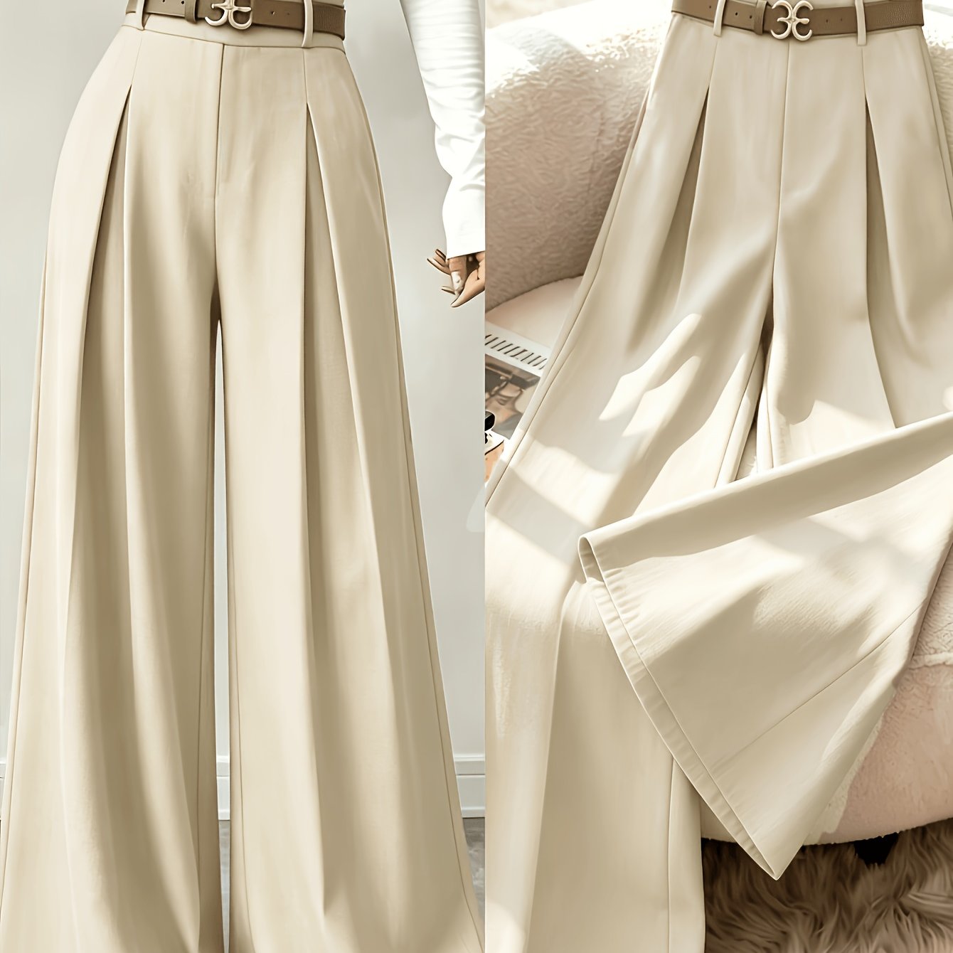 TEMU Beige Wide-leg Suit Pants - Pear-shaped High-waist Trousers, Floor-length Straight-leg Pants Suitable For - Wear, Machine Washable Blouseable